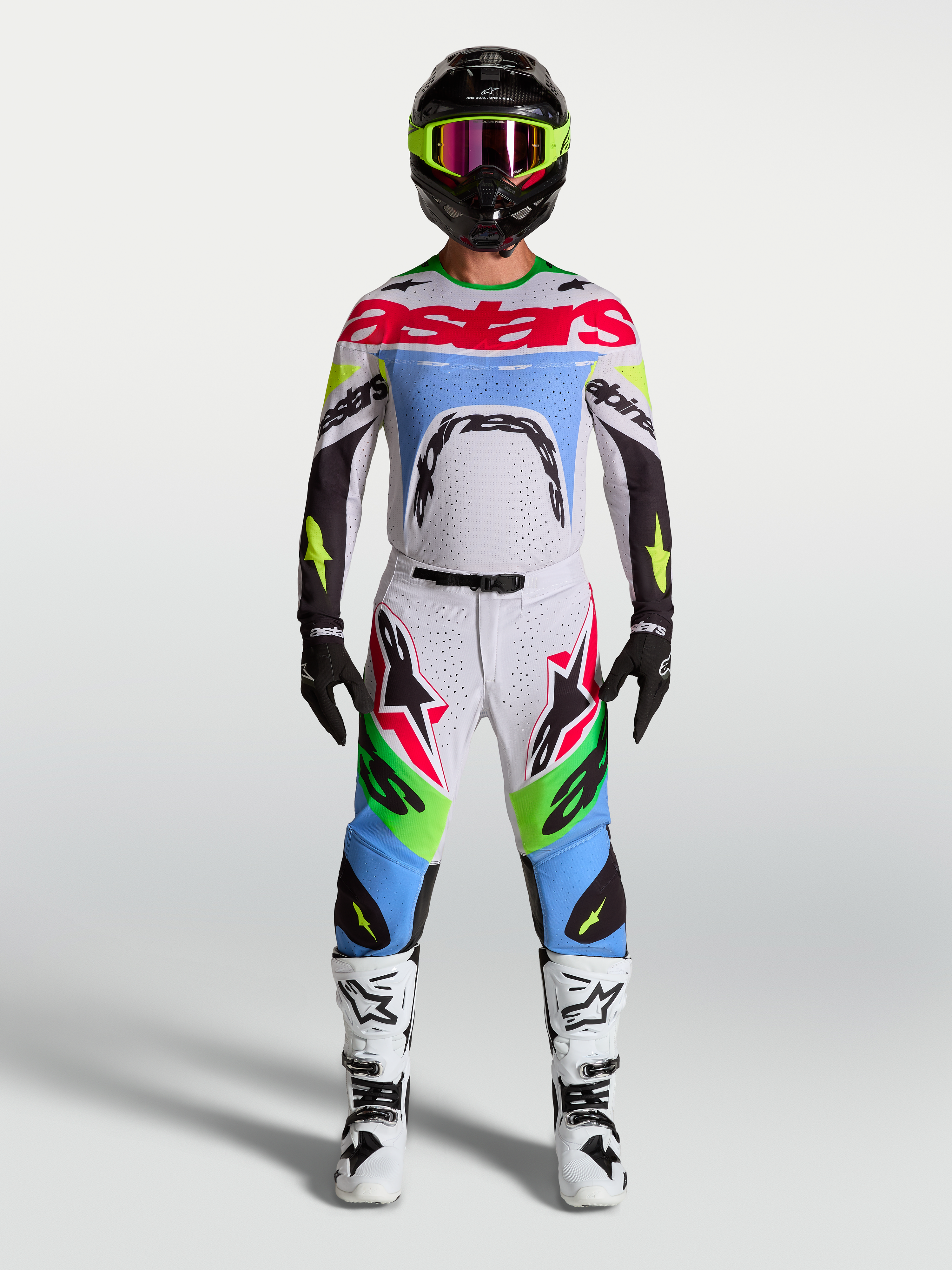 Spodnie Alpinestars Supertech Dyna, męski zestaw odzieży motocrossowej, białe, neonowo zielone i liliowe, tkanina rip-stop.