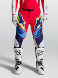 Alpinestars Spodnie Supertech Dyna, męskie spodnie motocrossowe, czerwone i granatowe z żółtymi akcentami, panele z koziej skóry na kolanach i klamra magnetyczna SX1.