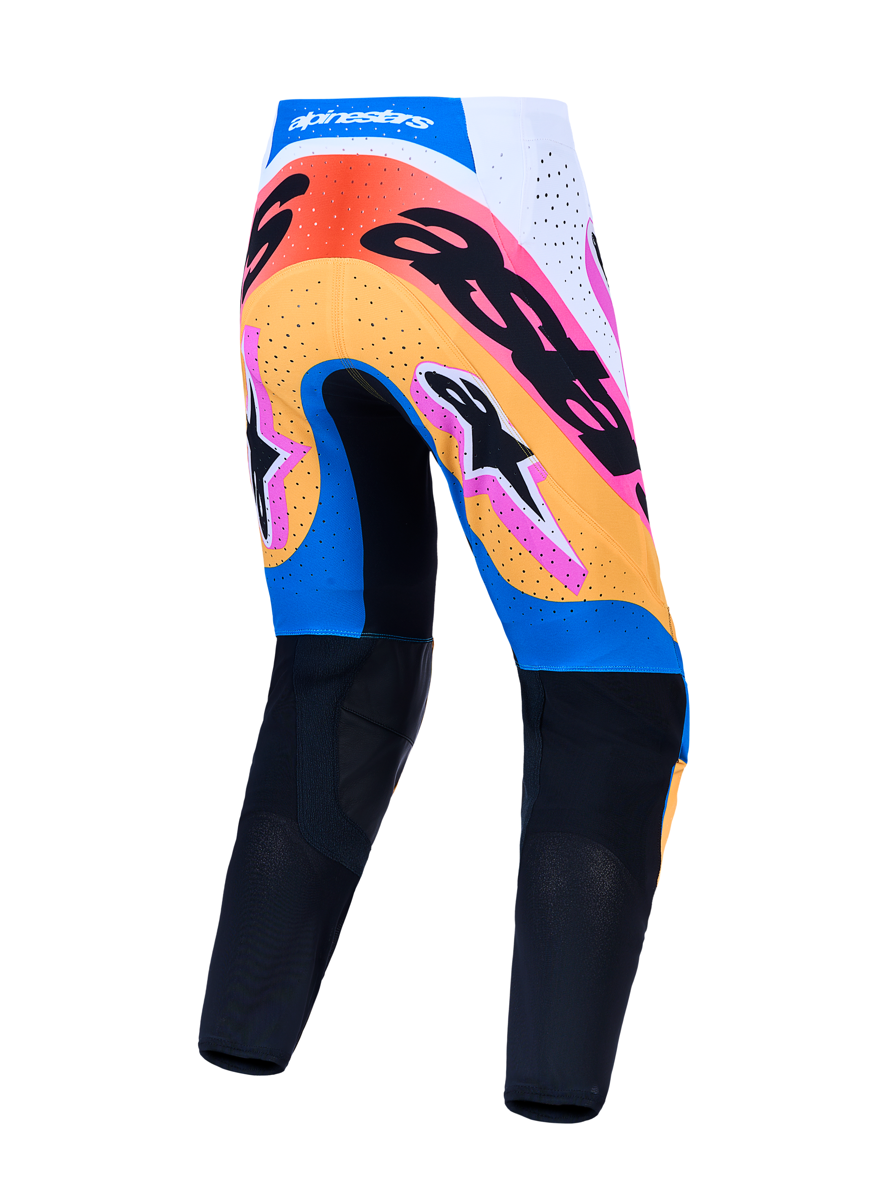 Men's Alpinestars Supertech Dyna Motocross Pants in blue and orange, rear view with perforated panels and athletic race fit.