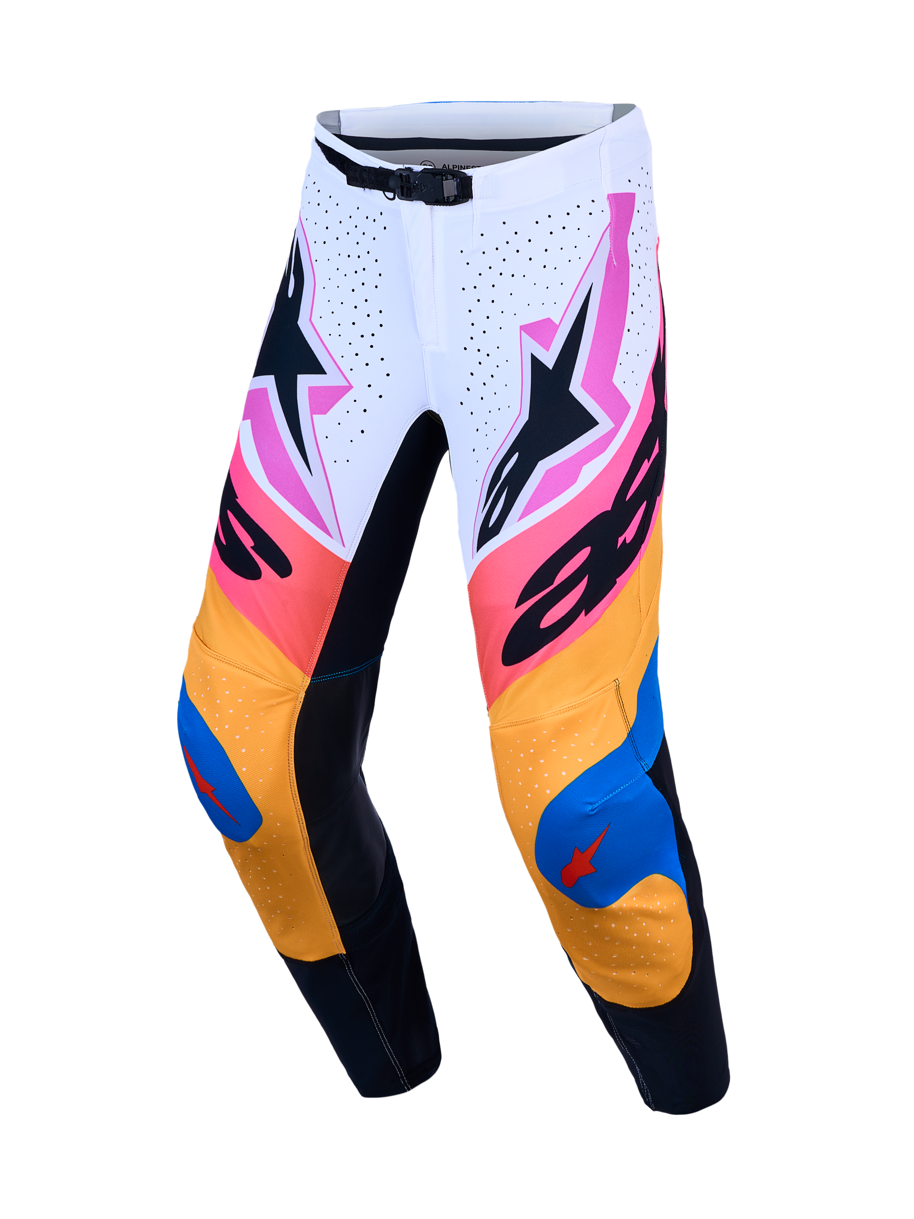 Alpinestars Supertech Dyna Pants, Motocross Racing, Men's, White and Blue with vibrant graphics, lightweight stretch ripstop.