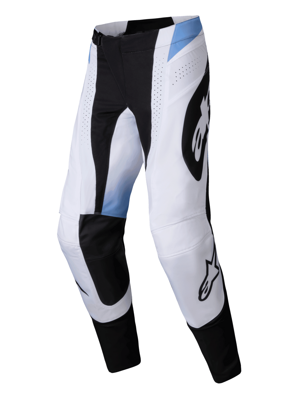 Alpinestars 2025 Techstar Melt Pants, spodnie motocrossowe, białe i czarne z jasnoniebieskimi akcentami, duże czarne logo Alpinestars, laserowo wycinane otwory wentylacyjne, wytrzymały sportowy krój do wyścigów terenowych