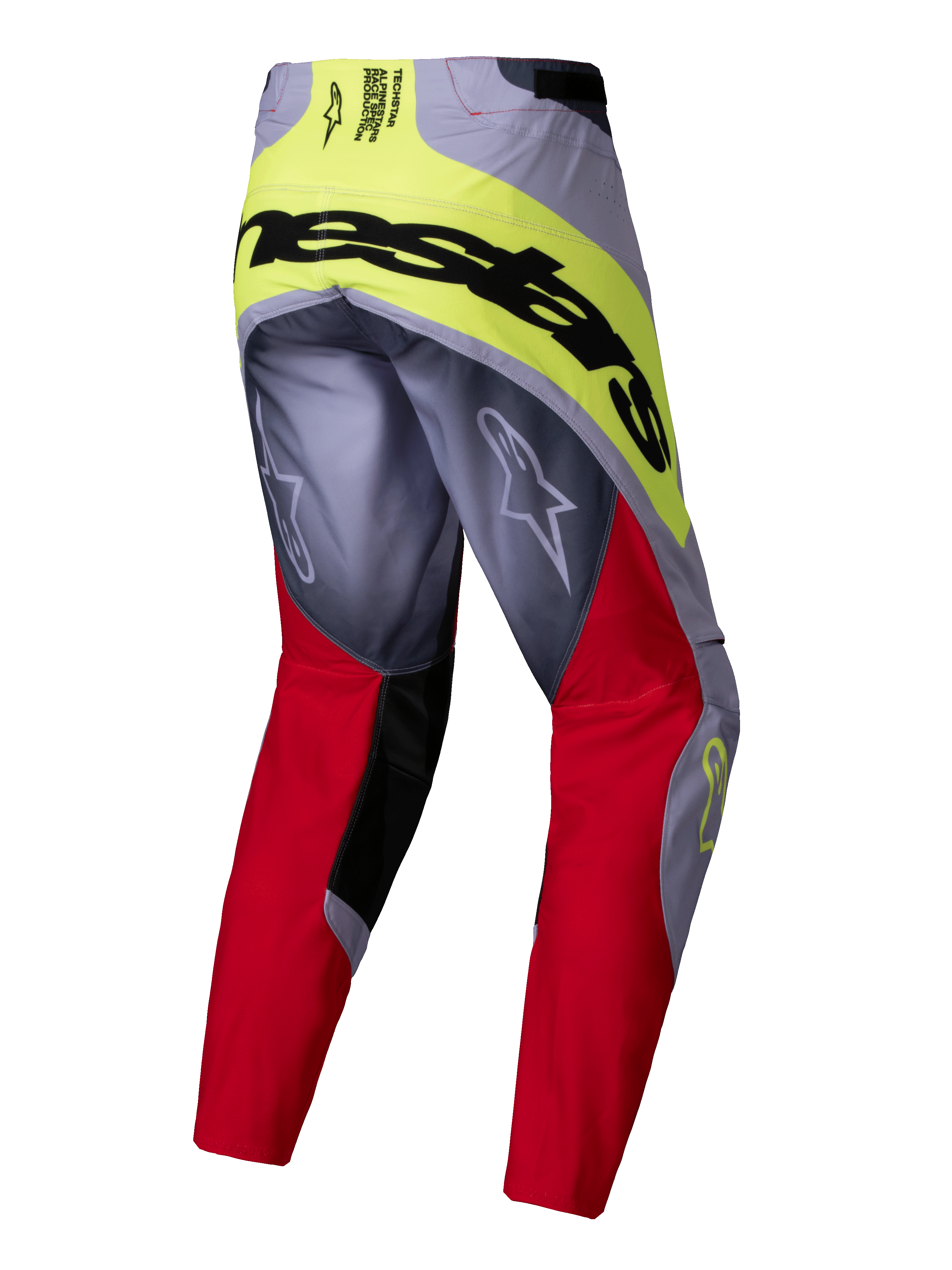 Alpinestars Techstar Melt Pants 2025, spodnie motocrossowe, jaskrawoczerwone i szare z neonowożółtymi akcentami, widok z tyłu przedstawiający duże czarne logo Alpinestars na siedzeniu, logo Astars na nogawkach, wytrzymała konstrukcja z wielu materiałów do wyścigów terenowych