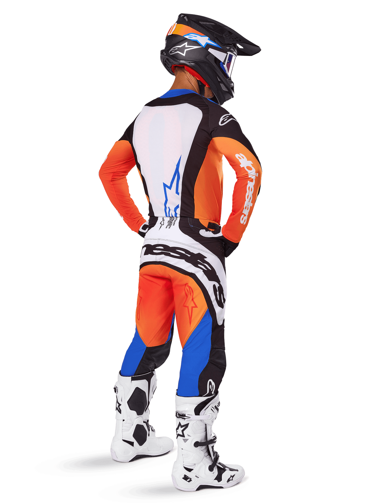 Motocross rider viewed from behind wearing the Alpinestars 2025 Techstar Melt Gear Set, Orange and Blue jersey with white back panel and matching pants, featuring large white branding, black motocross helmet, and white racing boots.