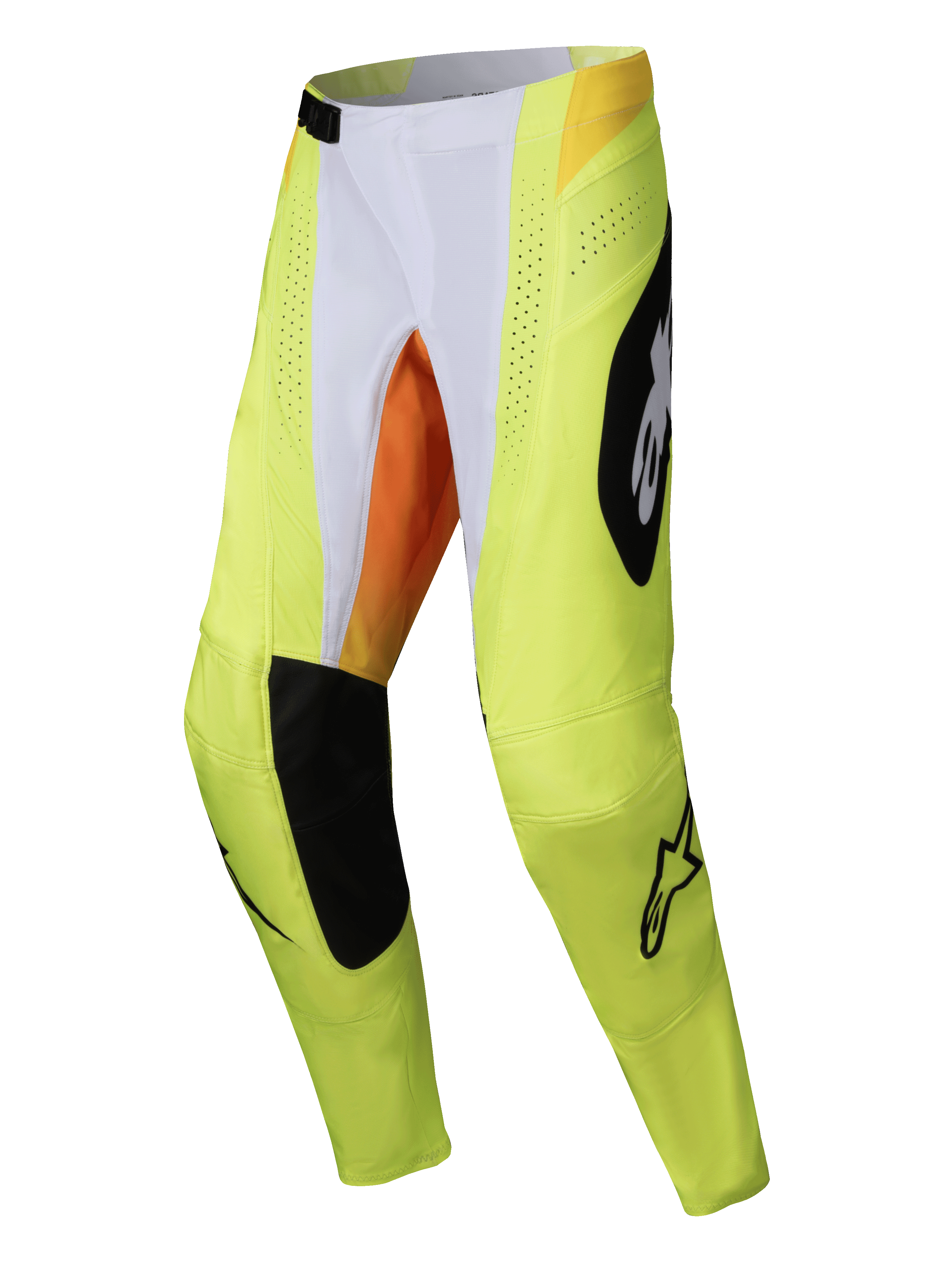 Alpinestars 2025 Techstar Melt Pants, spodnie motocrossowe, neonowy żółty i czarny z białymi i pomarańczowymi akcentami, duże czarne logo Alpinestars, laserowo wycinane otwory wentylacyjne i wytrzymałe panele do wyścigów off-road