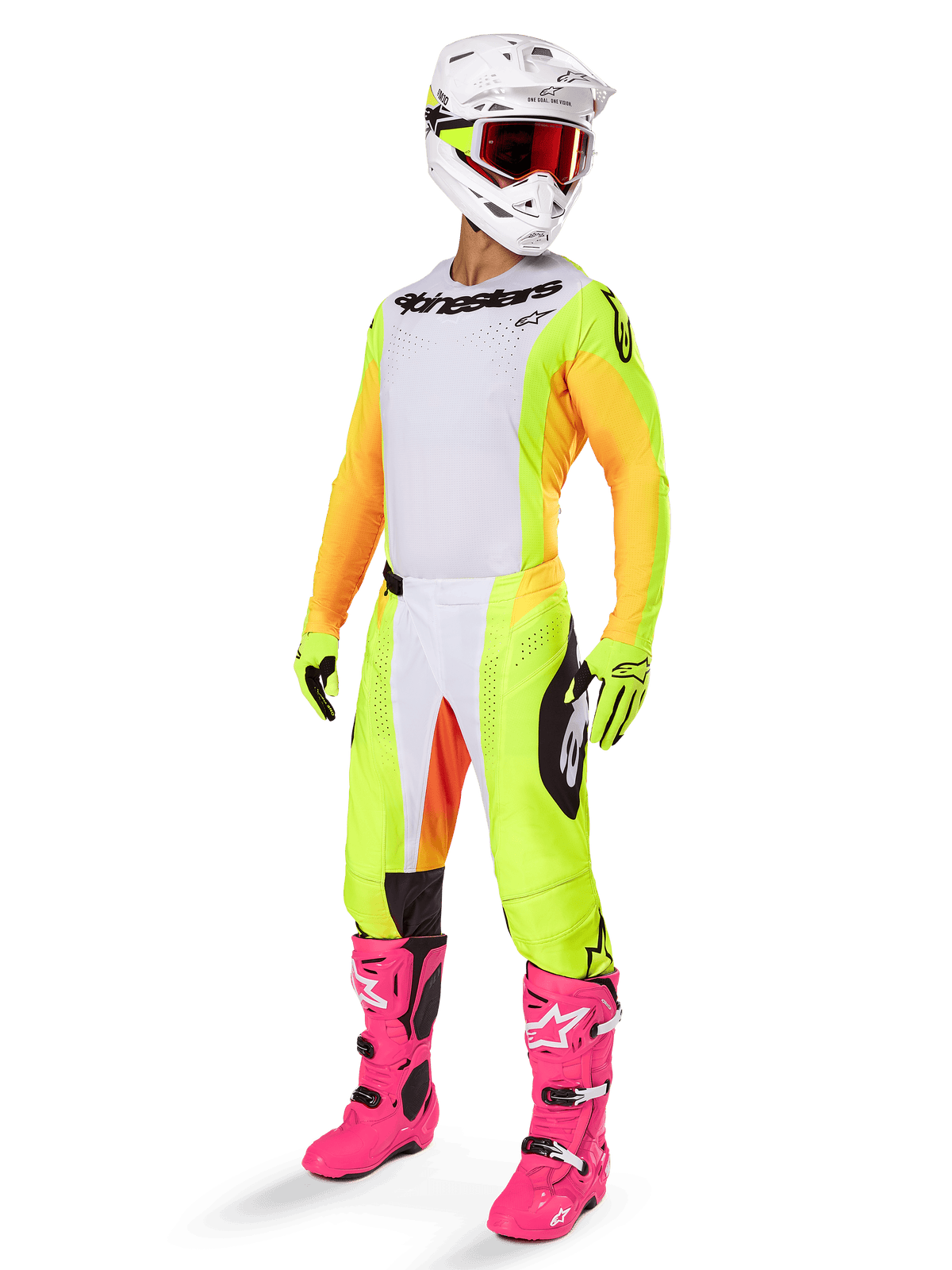 Alpinestars 2025 Techstar Melt Gear Set, kompletny strój motocrossowy, biała koszulka z żółto-pomarańczowymi rękawami, neonowo-żółte spodnie, jaskraworóżowe buty, biały kask z czerwonymi goglami, żółte rękawice, żywa kolorowa odzież wyścigowa