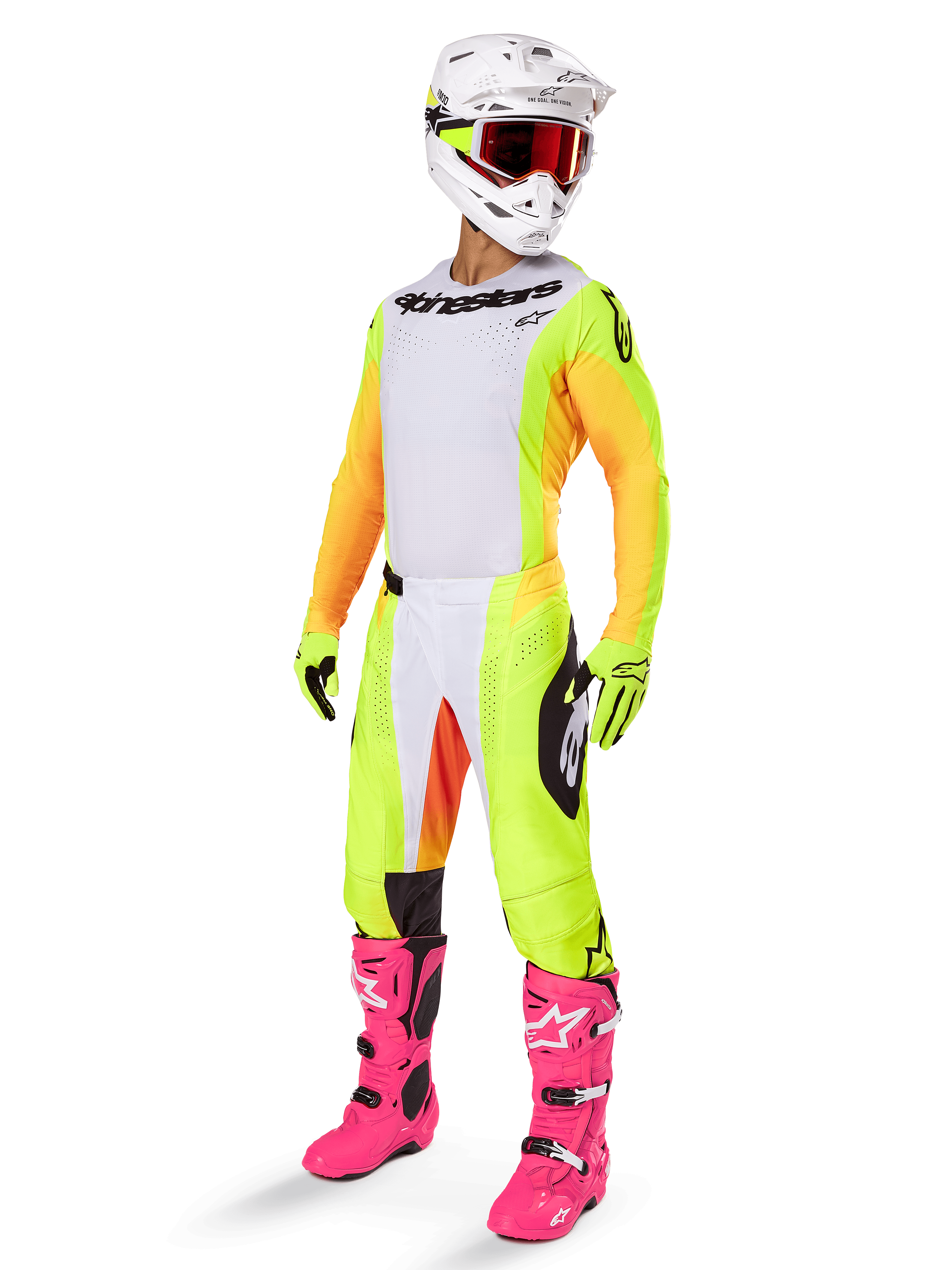 Alpinestars 2025 Techstar Melt Gear Set, kompletny strój motocrossowy, biała koszulka z żółto-pomarańczowymi rękawami, neonowo-żółte spodnie, jaskraworóżowe buty, biały kask z czerwonymi goglami, żółte rękawice, żywa kolorowa odzież wyścigowa
