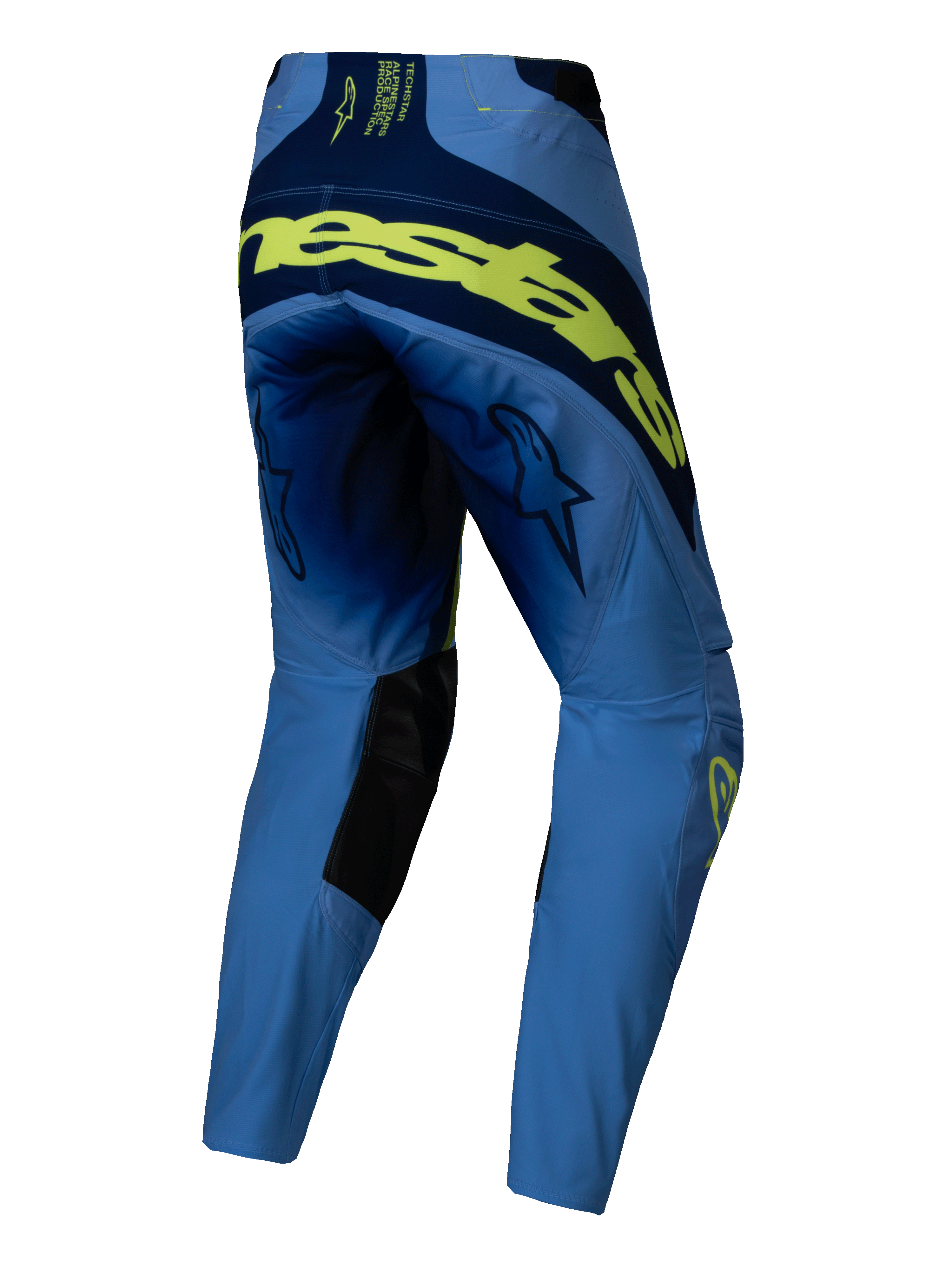 Alpinestars Techstar Melt Pants 2025, spodnie motocrossowe, żółty fluo i niebieski, widok z tyłu z dużym fluorescencyjnym żółtym napisem, granatowe panele, logo gwiazdy na udach i czarne wzmocnienia po wewnętrznej stronie kolan