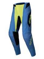 Alpinestars Techstar Melt Pants 2025, spodnie motocrossowe, niebieskie z neonowym żółtym środkiem i detalami logo, czarne panele po wewnętrznej stronie kolan, laserowe perforacje, sportowy krój wyścigowy