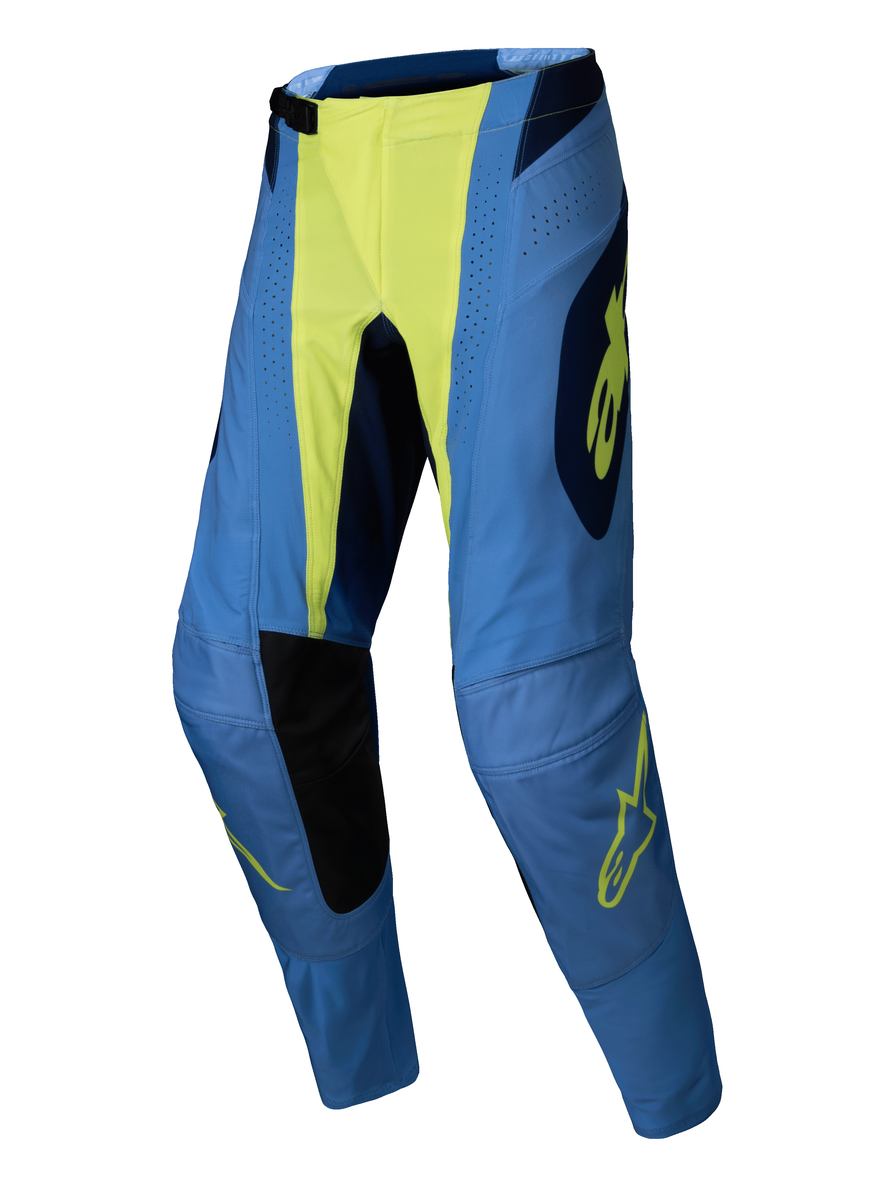Alpinestars Techstar Melt Pants 2025, spodnie motocrossowe, niebieskie z neonowym żółtym środkiem i detalami logo, czarne panele po wewnętrznej stronie kolan, laserowe perforacje, sportowy krój wyścigowy