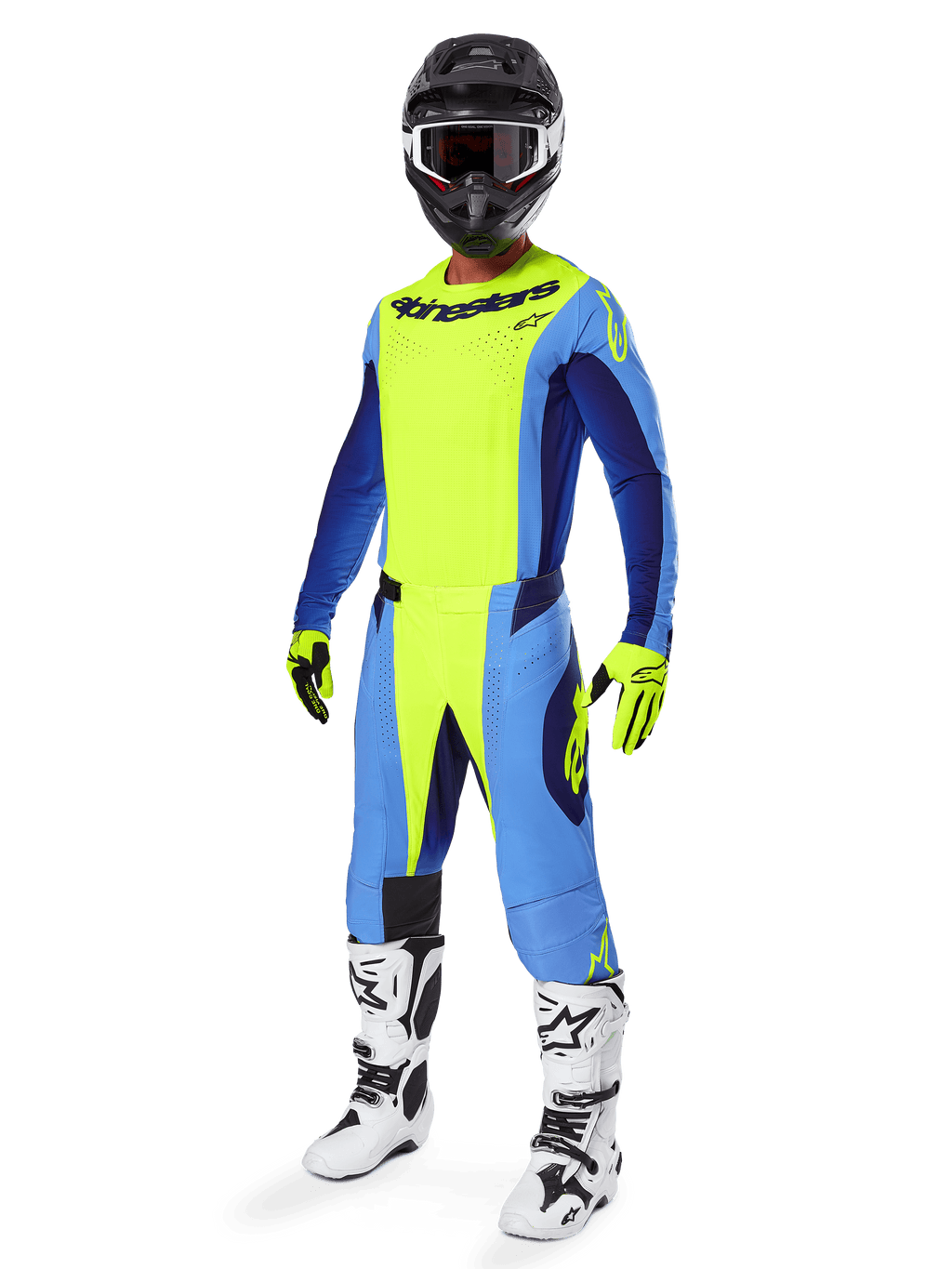 Alpinestars Techstar Melt Gear Set 2025, kompletny strój motocrossowy, żółty neonowy i niebieski, czarny kask z goglami, żółto-czarne rękawice, biało-czarne buty, pełny zestaw wyposażenia MX