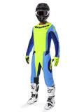 Alpinestars Techstar Melt Gear Set 2025, kompletny strój motocrossowy, żółty neonowy i niebieski, czarny kask z goglami, żółto-czarne rękawice, biało-czarne buty, pełny zestaw wyposażenia MX