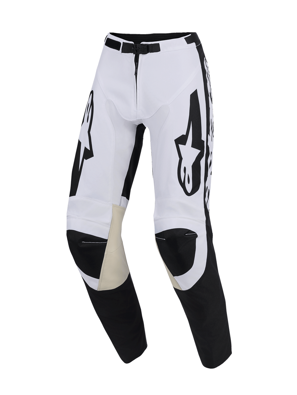 Alpinestars 2026 Racer Riway Pants, spodnie motocrossowe, biało-czarne, wewnętrzne panele kolan z beżowej koziej skóry, duże czarne logo Alpinestars na udach, magnetyczne zapięcie na klamrę, sportowa, wstępnie zakrzywiona konstrukcja do jazdy off-road