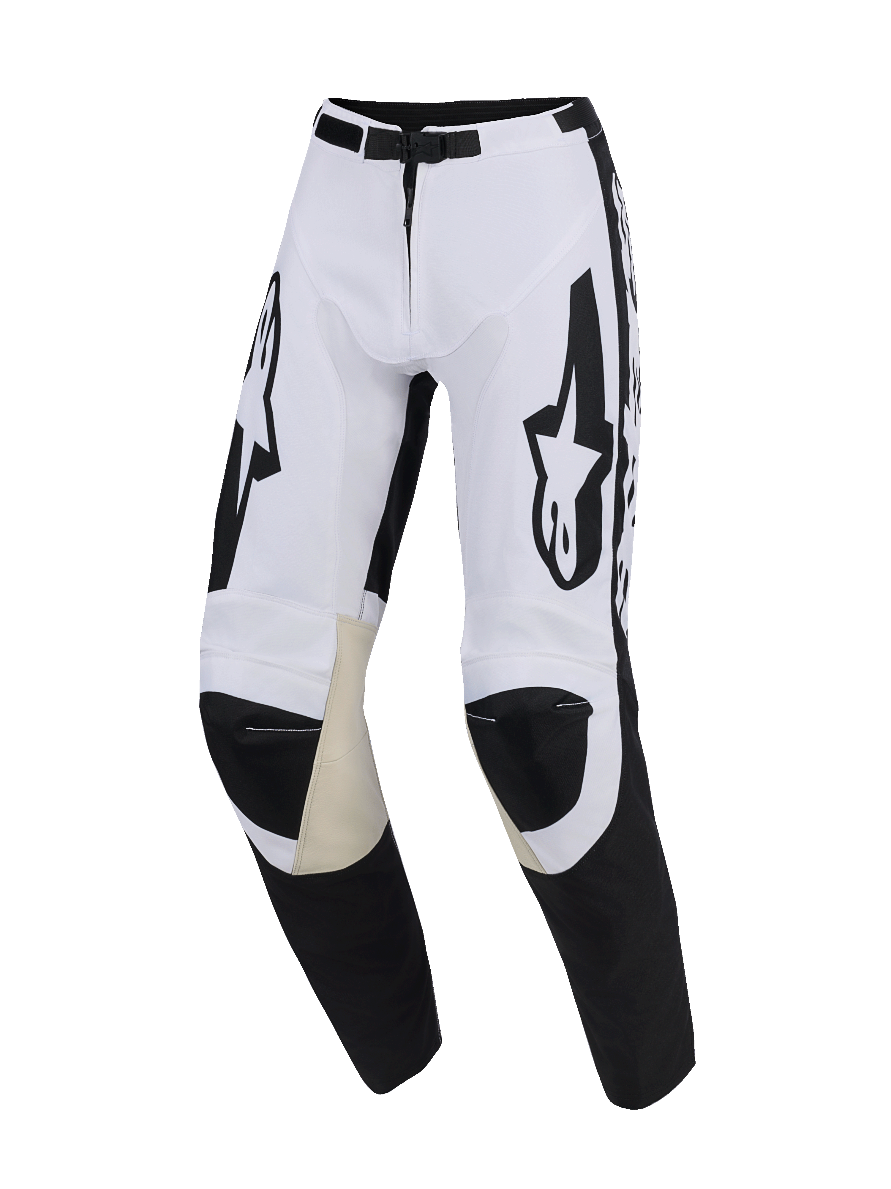 Alpinestars 2026 Racer Riway Pants, spodnie motocrossowe, biało-czarne, wewnętrzne panele kolan z beżowej koziej skóry, duże czarne logo Alpinestars na udach, magnetyczne zapięcie na klamrę, sportowa, wstępnie zakrzywiona konstrukcja do jazdy off-road