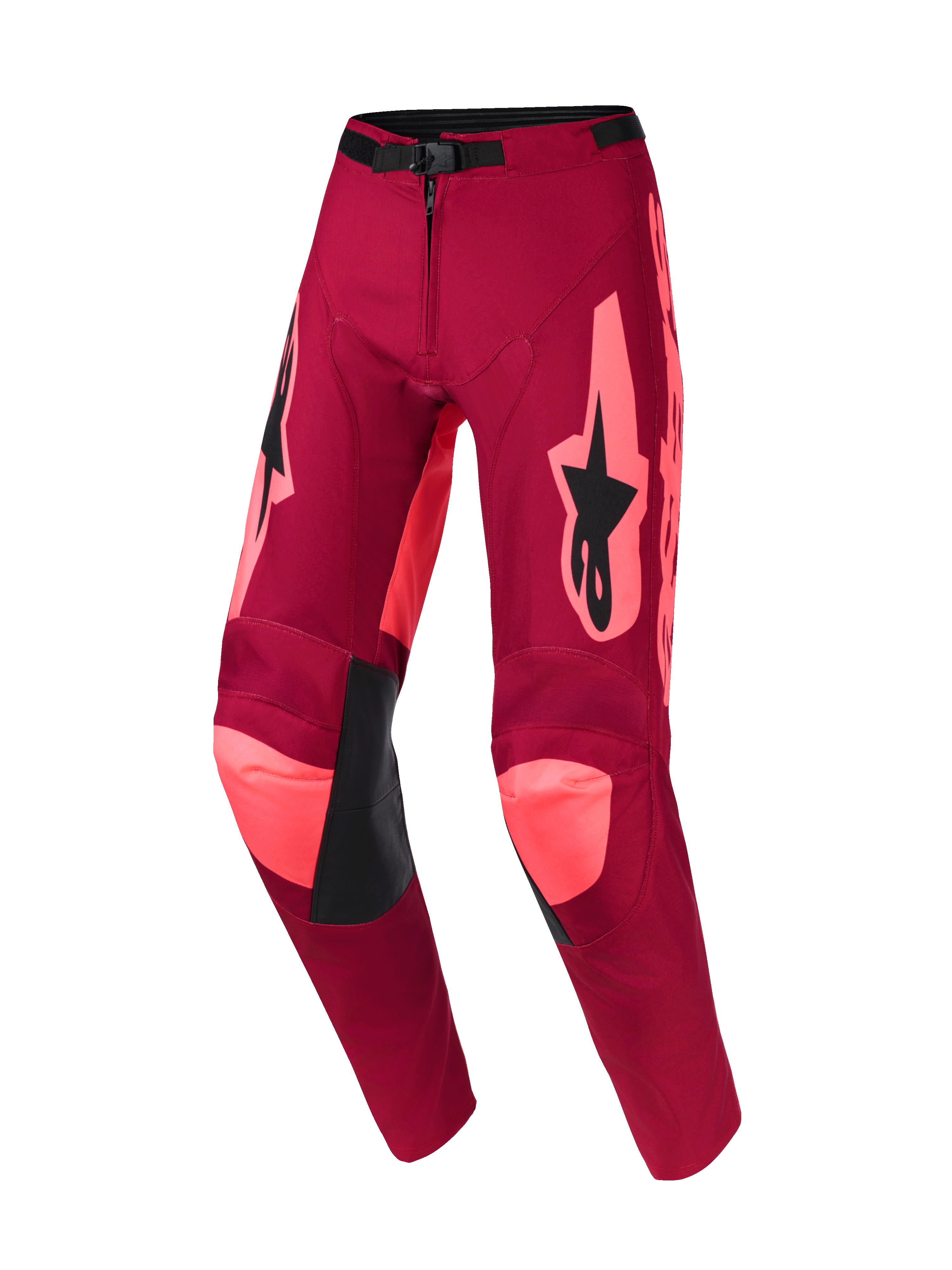 Alpinestars 2026 Racer Riway Pants, spodnie motocrossowe, kolor Dark Red Coral, jasne koralowe akcenty na kolanach i po bokach, czarne logo Alpinestars na udach, czarne skórzane panele wewnętrzne na kolanach i regulowana klamra w pasie, wytrzymała konstrukcja do wyścigów off-road