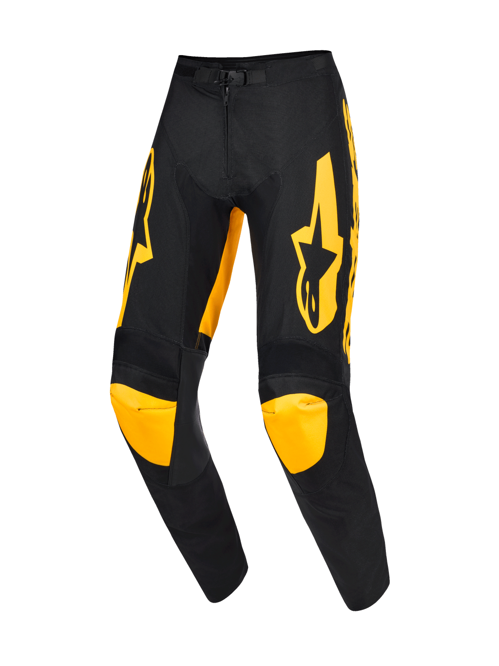 Alpinestars Racer Riway Pants 2026, spodnie motocrossowe, żółto-czarne, z wyrazistymi żółtymi logotypami na udach i żółtymi panelami na kolanach, ergonomiczna wstępnie zakrzywiona konstrukcja, wytrzymała tkanina poliestrowa