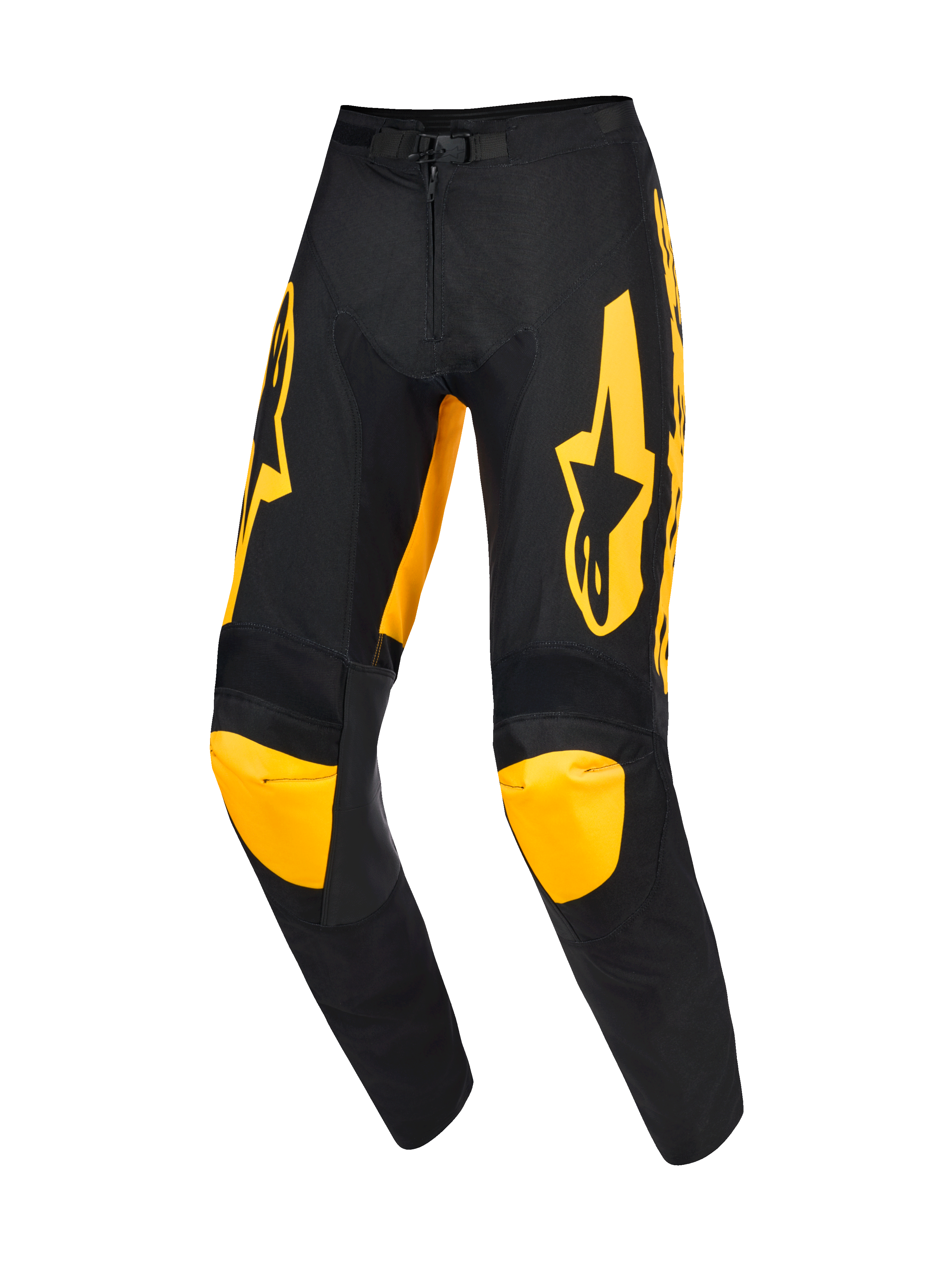 Alpinestars Racer Riway Pants 2026, spodnie motocrossowe, żółto-czarne, z wyrazistymi żółtymi logotypami na udach i żółtymi panelami na kolanach, ergonomiczna wstępnie zakrzywiona konstrukcja, wytrzymała tkanina poliestrowa