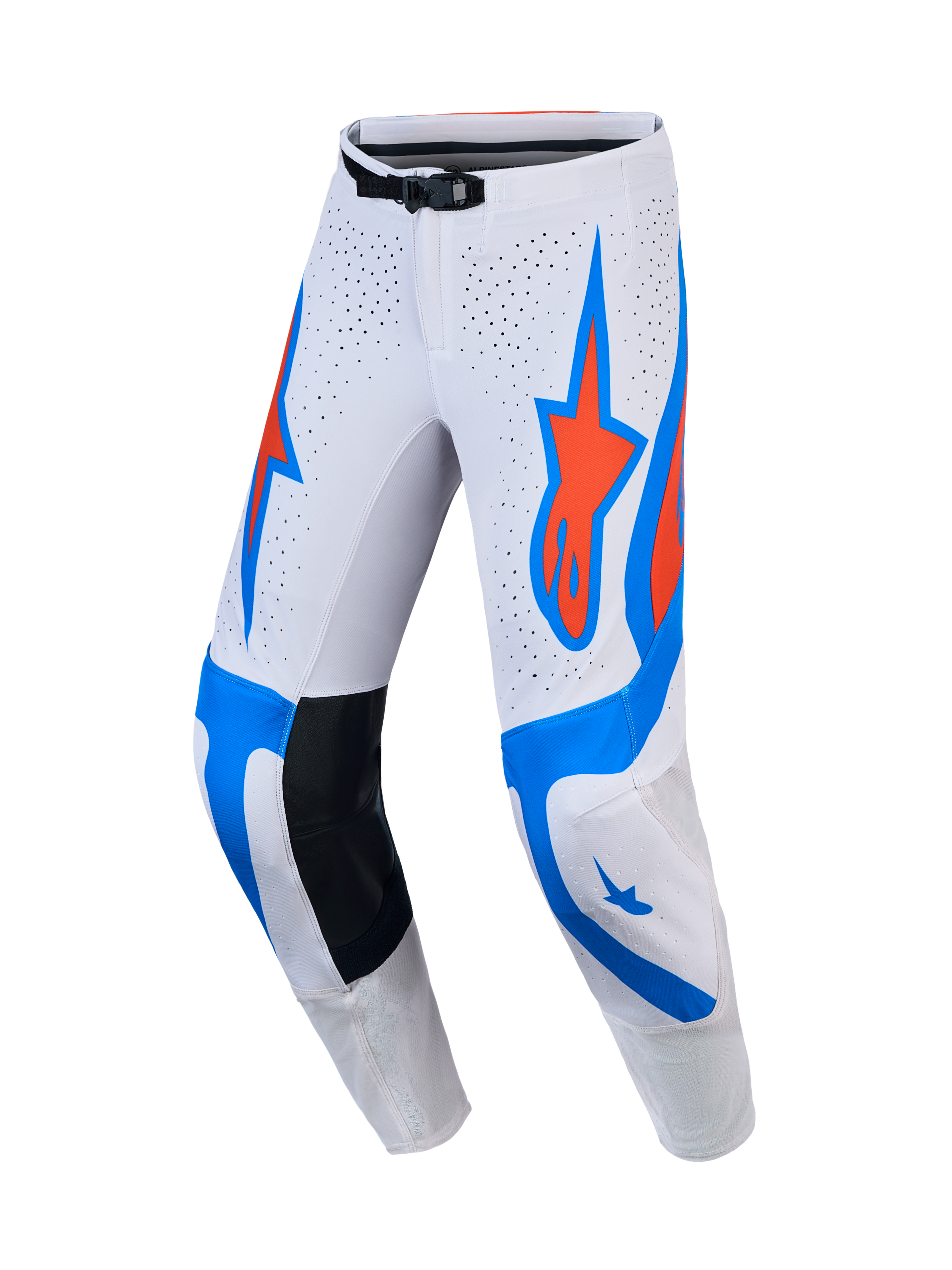 Alpinestars Supertech Vesta, męskie spodnie motocrossowe, białe, liliowe i czerwone, sportowy krój i perforowane panele.