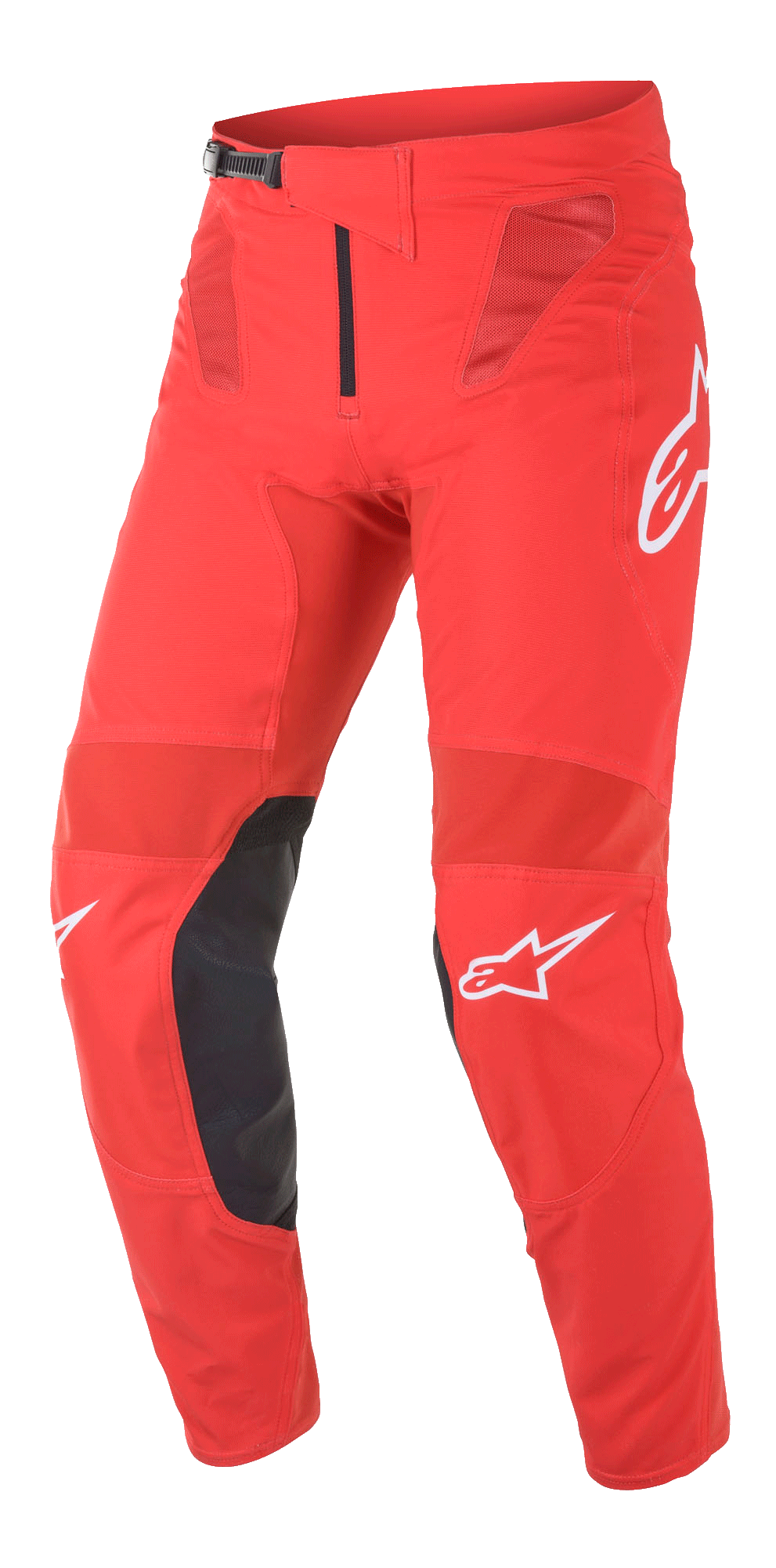 Alpinestars Supertech Blaze Pants, spodnie motocrossowe, jasnoczerwone i czarne, wyposażone w panele wentylacyjne z siatki, czarne skórzane wzmocnienia wewnętrznej części kolan, białe akcenty z logo A-star oraz regulowaną klamrę zapadkową w pasie, do wyczynowej jazdy terenowej