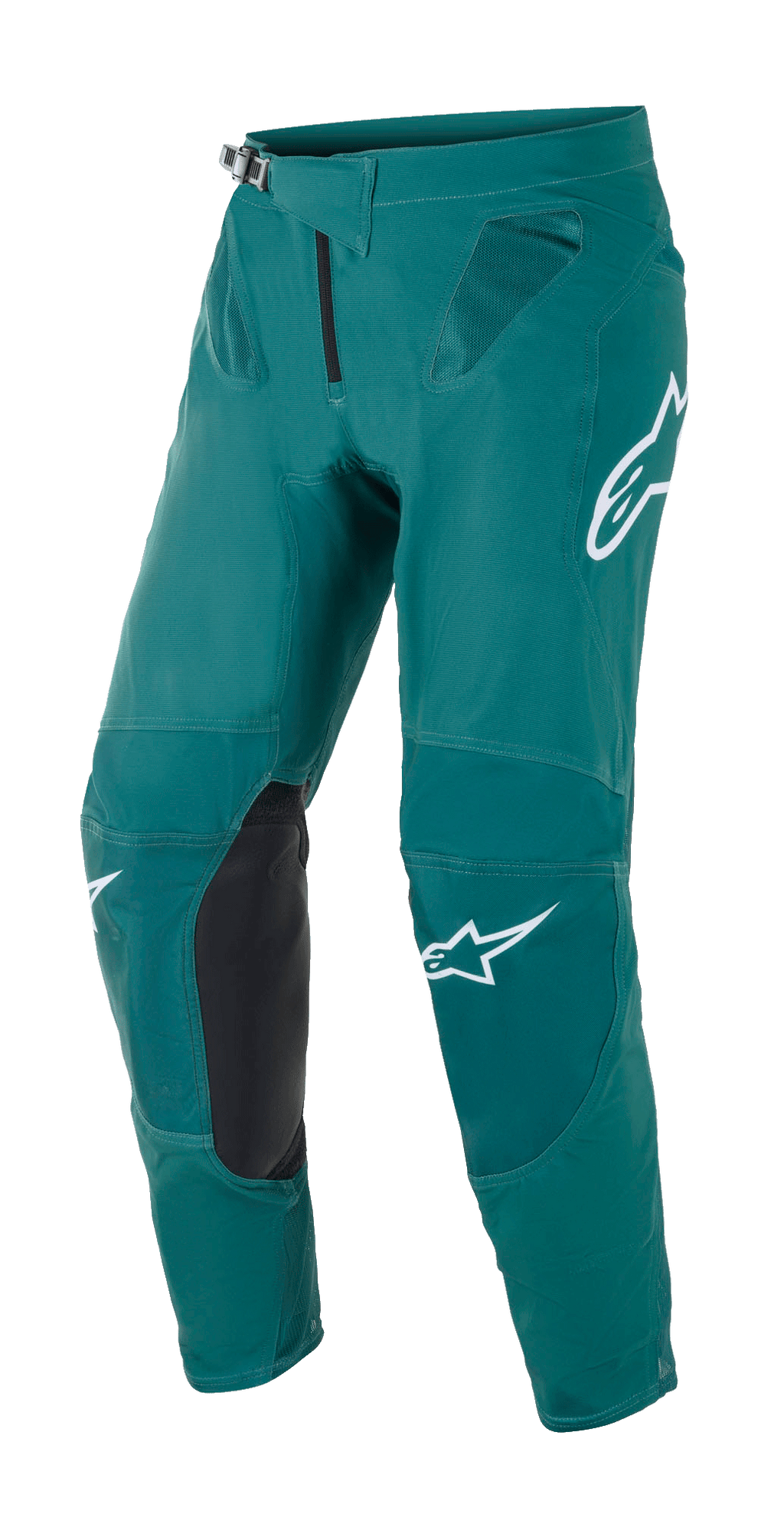 Alpinestars Supertech Blaze Pants, spodnie motocrossowe, ciemnozielone, białe logo Alpinestars, czarne skórzane panele wzmacniające na kolanach, zapięcie w pasie na klamrę, siateczkowa wentylacja na biodrach, wytrzymała konstrukcja do wyścigów off-road