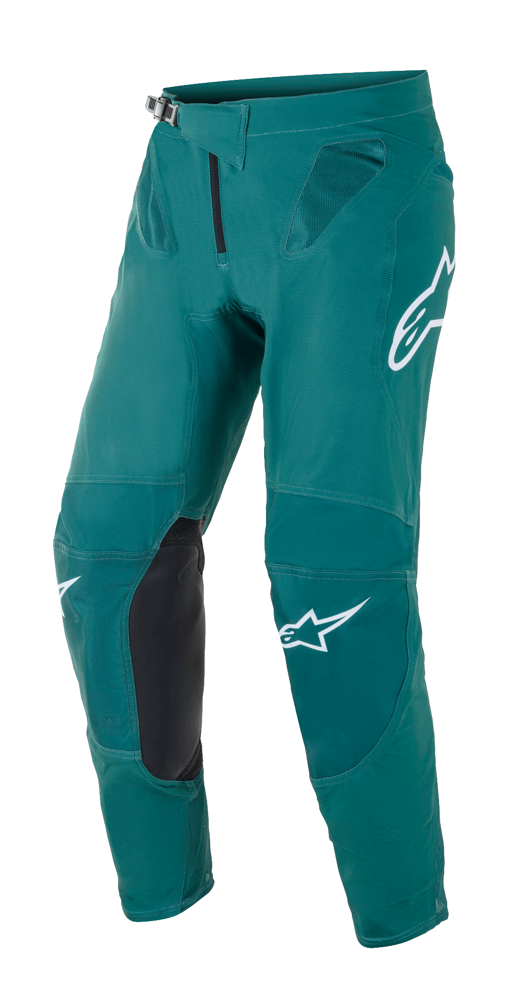 Alpinestars Supertech Blaze Pants, spodnie motocrossowe, ciemnozielone, białe logo Alpinestars, czarne skórzane panele wzmacniające na kolanach, zapięcie w pasie na klamrę, siateczkowa wentylacja na biodrach, wytrzymała konstrukcja do wyścigów off-road