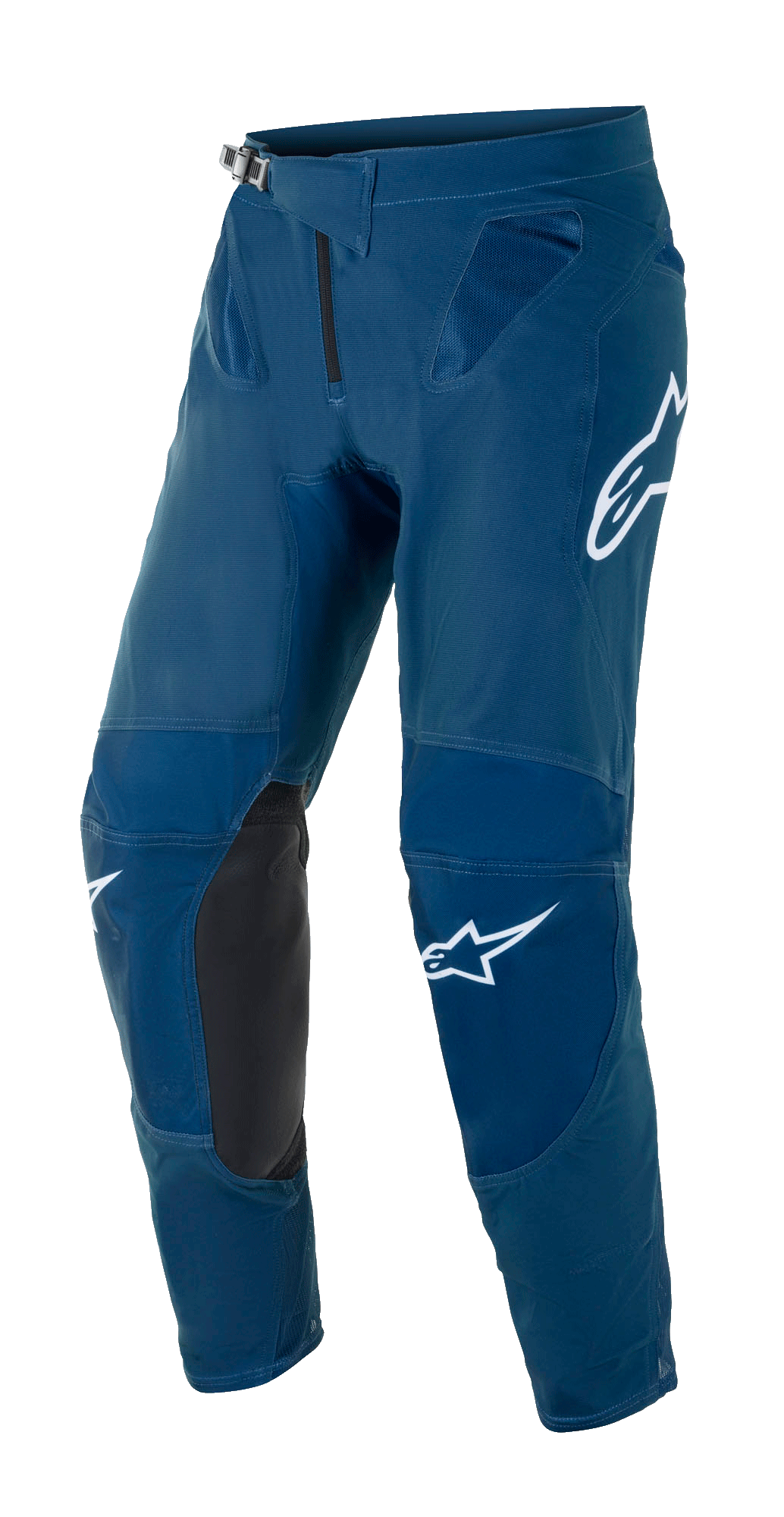 Alpinestars Supertech Blaze Pants, spodnie motocrossowe off-road, ciemnoniebieskie, czarne skórzane panele po wewnętrznej stronie kolan, białe logo Alpinestars na udzie i nogawce, regulowana klamra w pasie, siatkowe strefy wentylacyjne na biodrach