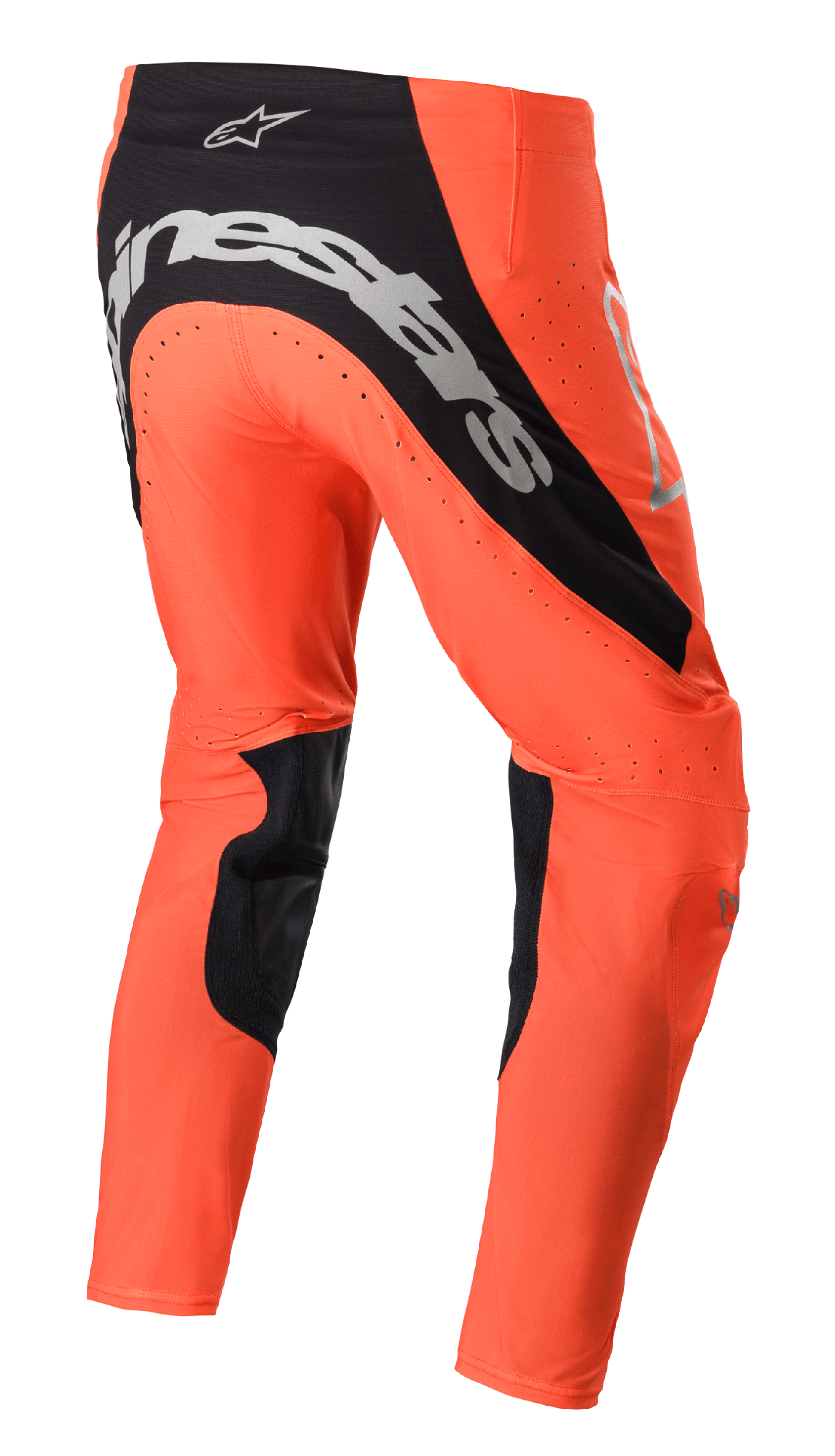 Alpinestars Supertech Risen Pants 2023, spodnie motocrossowe, jaskrawopomarańczowe i czarne, widok z tyłu z wyraźnym srebrnym logo na siedzeniu, czarnymi panelami po wewnętrznej stronie nogawek i perforowanymi strefami wentylacyjnymi do wyścigów terenowych