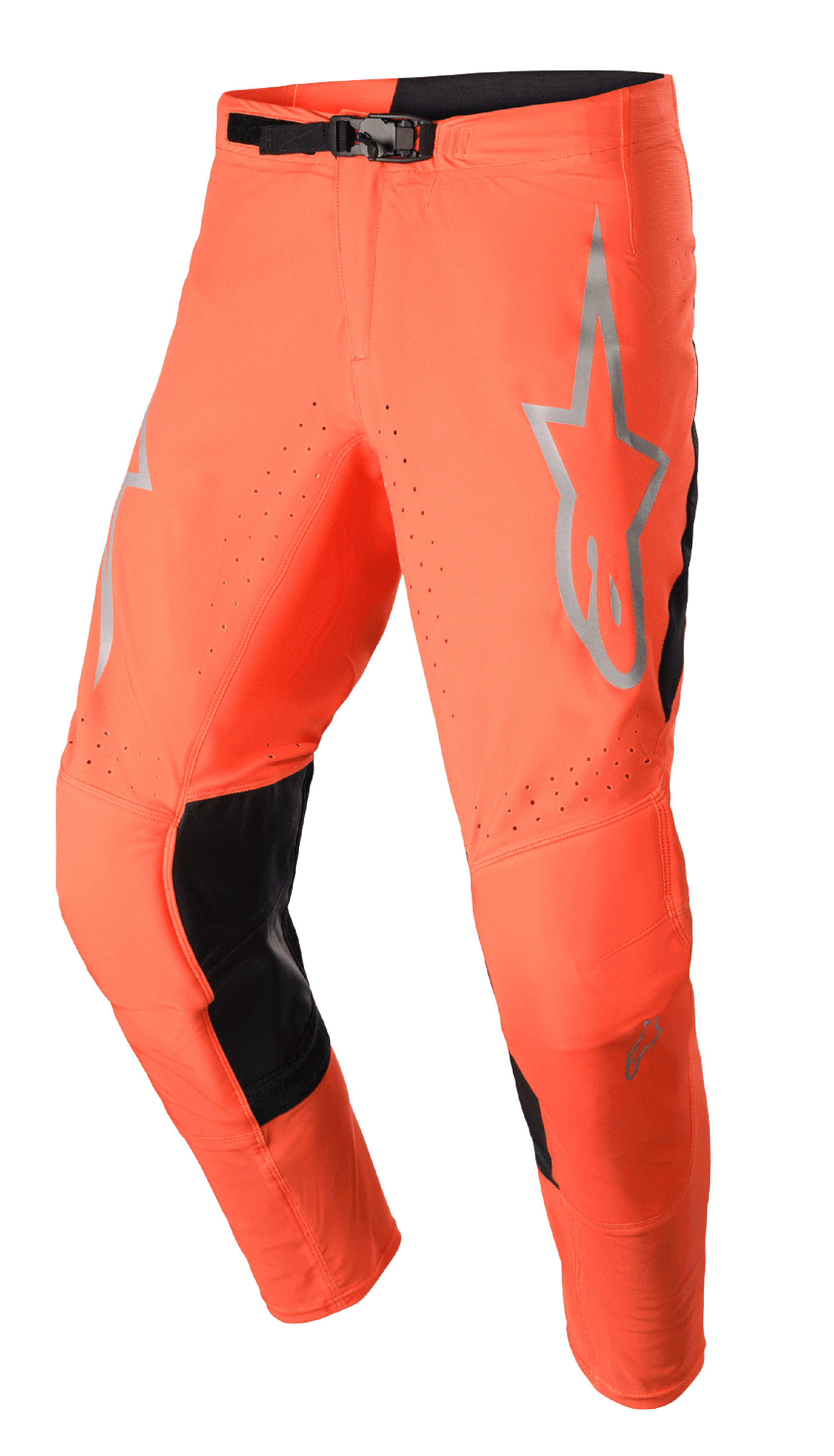 Alpinestars 2023 Supertech Risen Pants, spodnie motocrossowe, intensywny pomarańczowy i czarny, szare logo gwiazdy na udzie, regulowane zapięcie na klamrę, perforowane strefy wentylacyjne oraz wzmocnione czarne panele po wewnętrznej stronie nogawek.