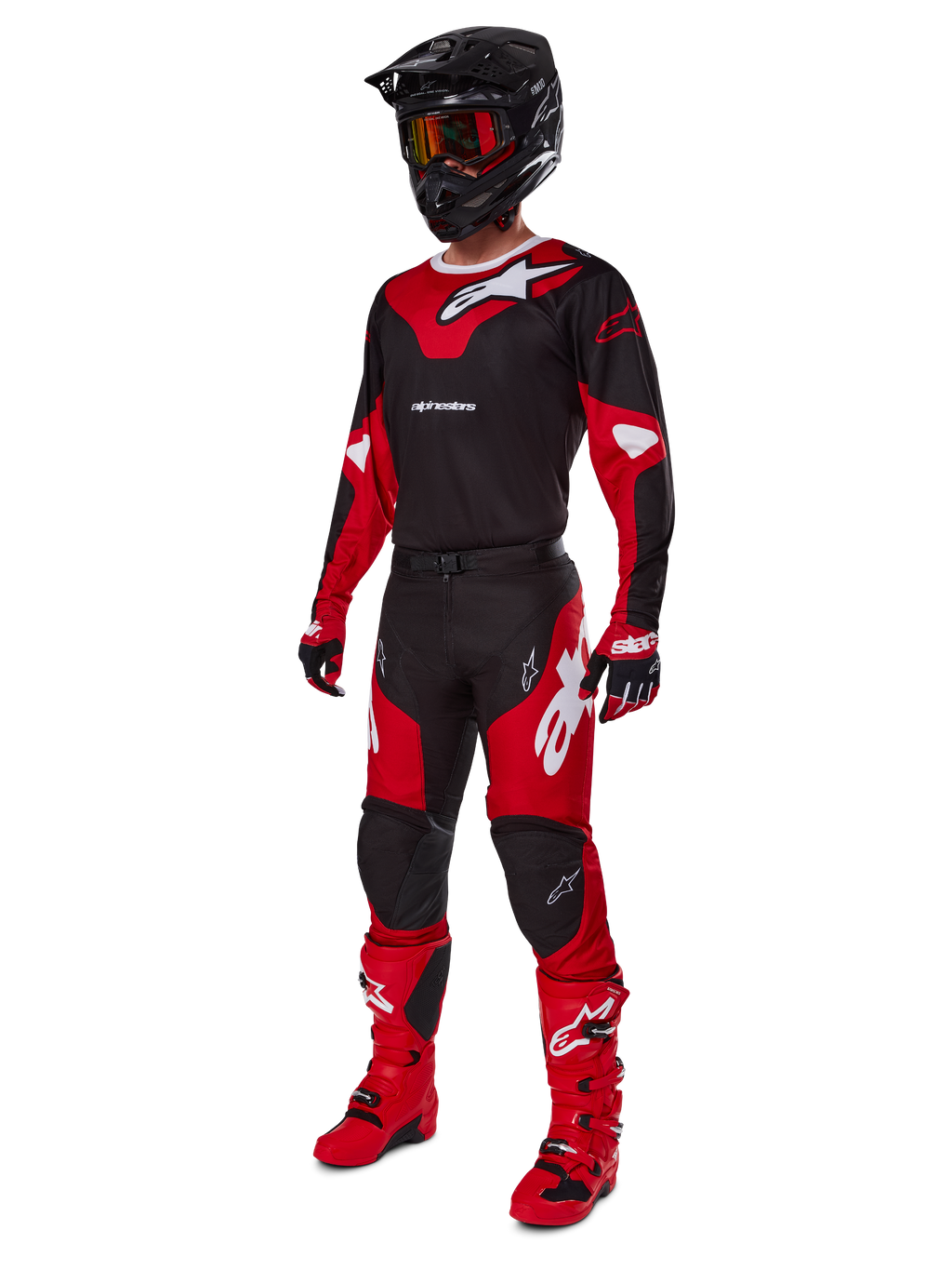 Alpinestars 2025 Racer Veil Gear Set, kompletny strój motocrossowy w kolorze czarnym i czerwonym z białymi akcentami, zawierający dopasowaną koszulkę, spodnie, kask, gogle, rękawice i buty, zaprojektowany z myślą o wydajności w terenie