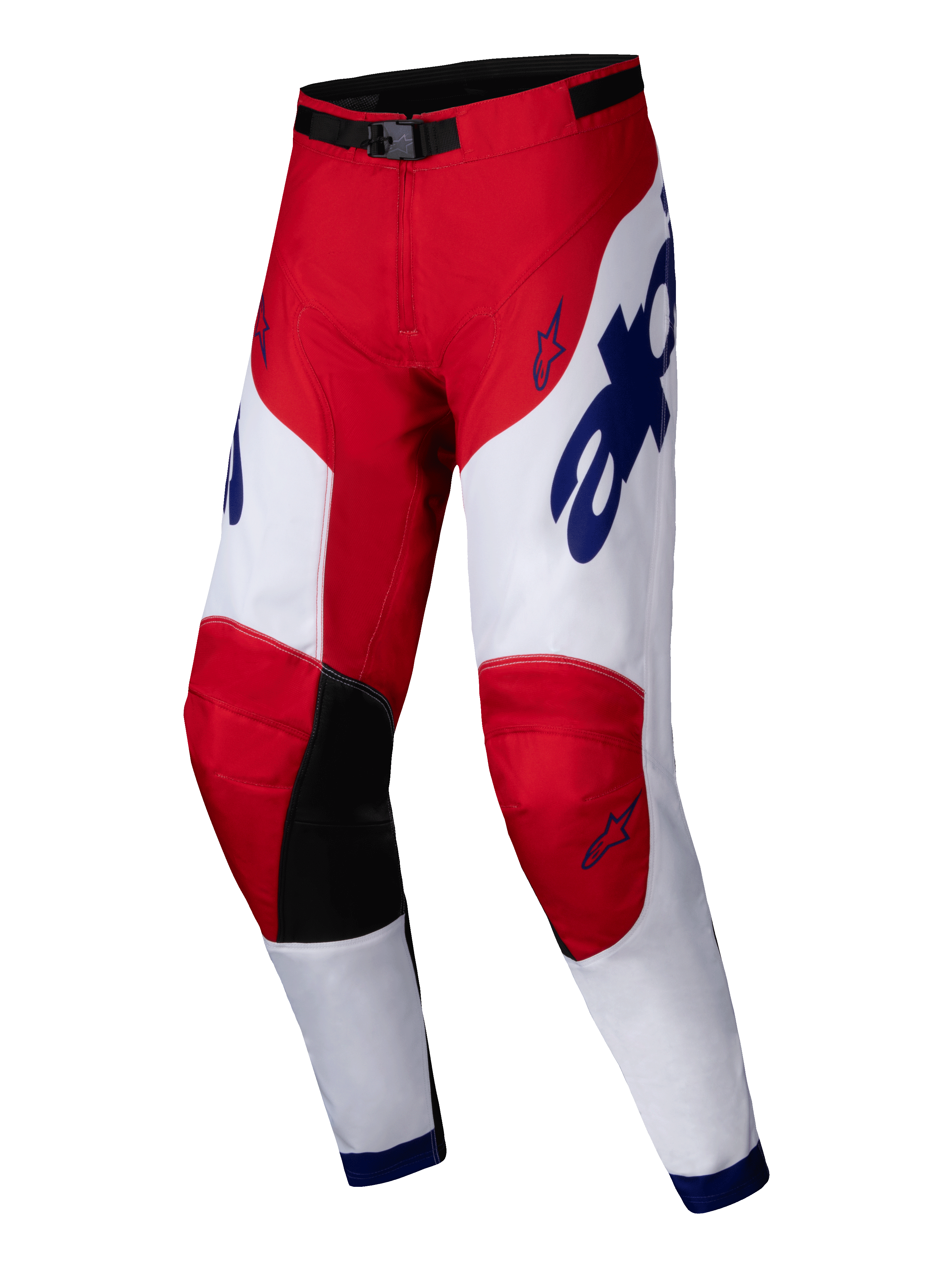 Alpinestars 2025 Racer Veil Pants, spodnie motocrossowe, czerwone i białe z niebieskimi akcentami, czarne wewnętrzne panele na kolanach, ergonomiczny wstępnie wyprofilowany design, wyraziste logotypy i symbole gwiazdy, wytrzymała odzież do wyścigów terenowych