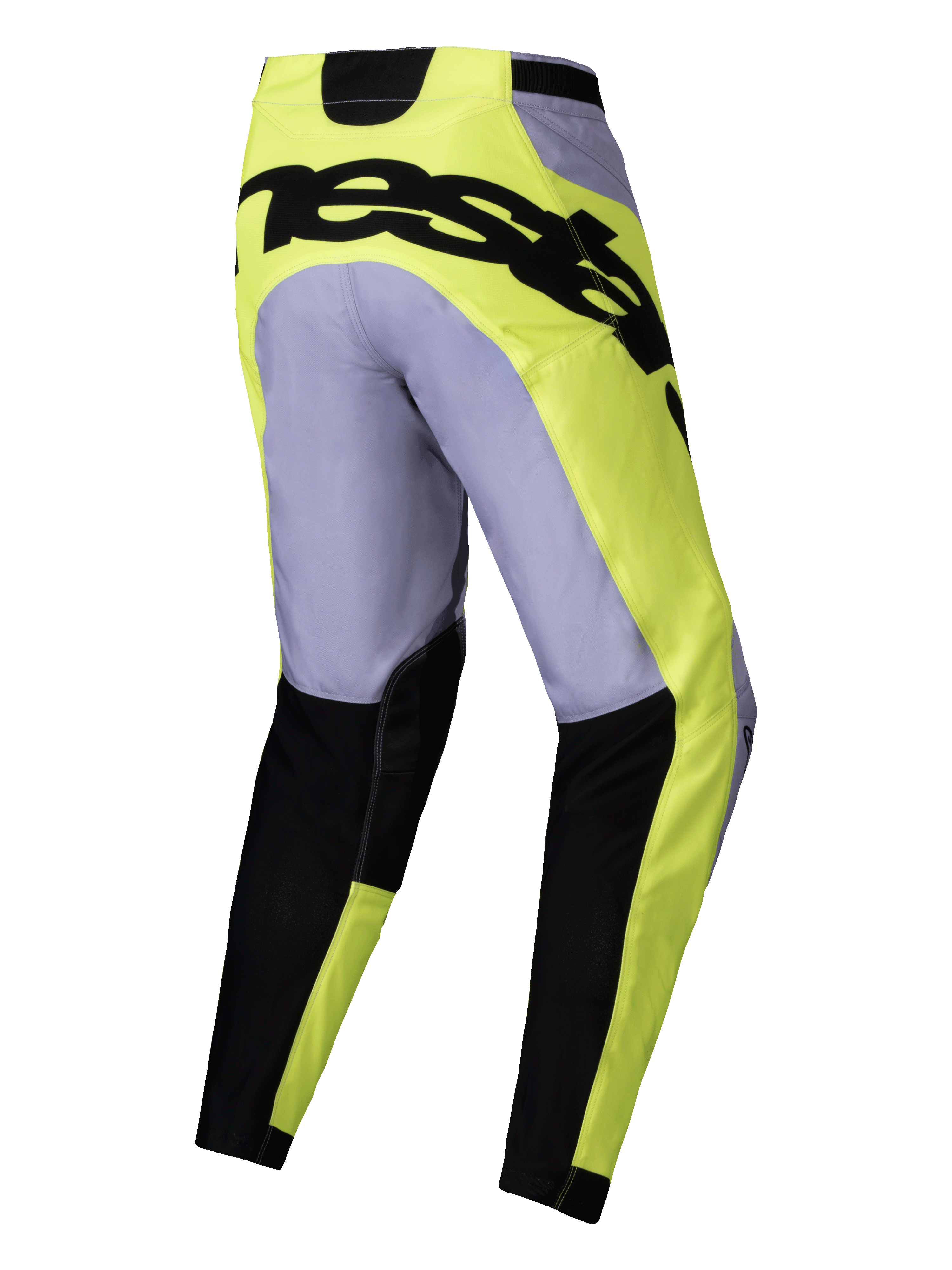 Alpinestars 2025 Racer Veil Pants, spodnie motocrossowe, szare i żółte neonowe, widok z tyłu z wyraźnym czarnym brandingiem na siedzisku, lekka techniczna konstrukcja z czarnymi dolnymi częściami nogawek i profilowanym krojem