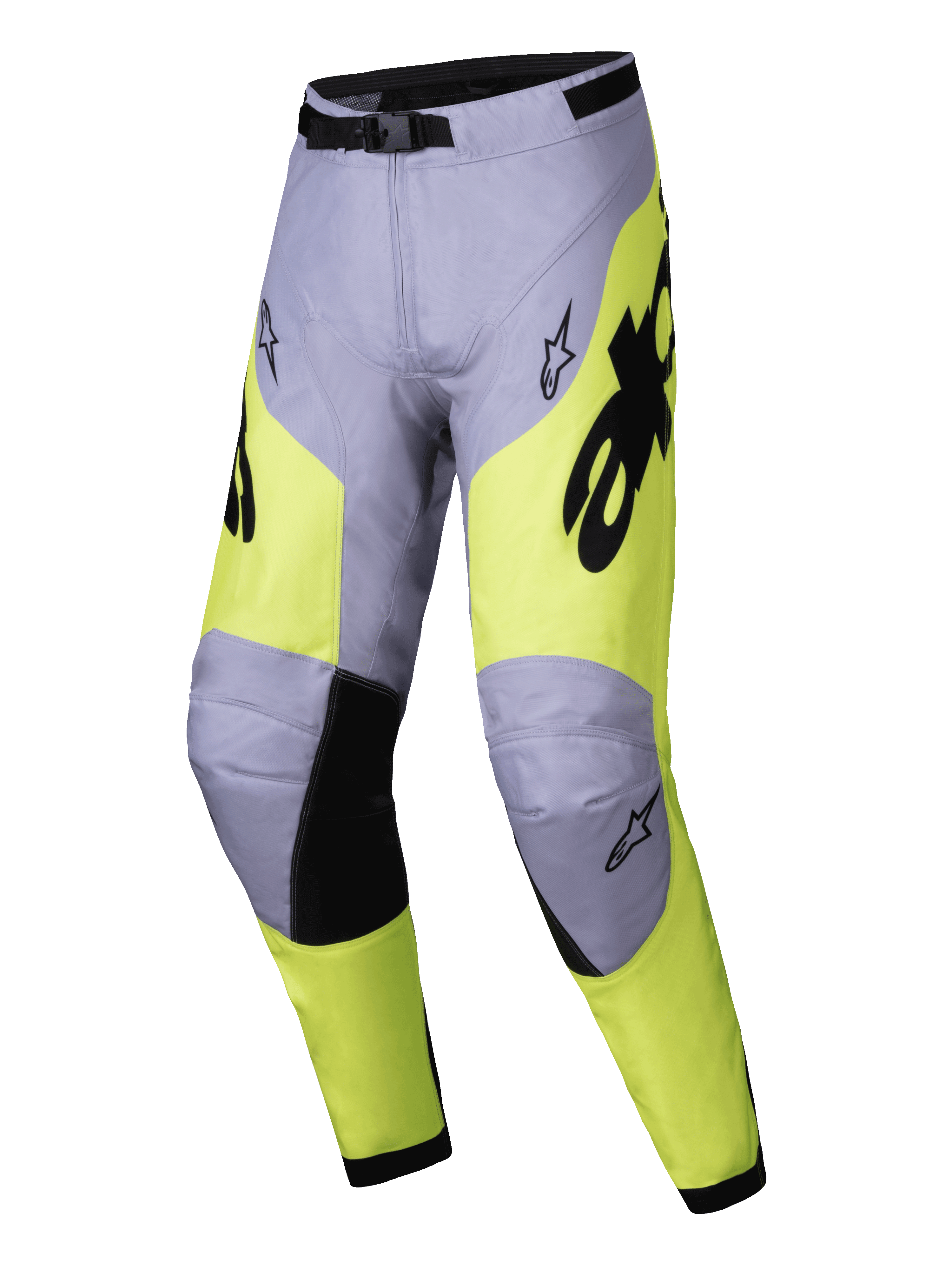 Alpinestars 2025 Racer Veil Pants, spodnie motocrossowe, szare i żółte neonowe, czarne akcenty na wewnętrznej stronie kolan i klamra w pasie, sportowy ergonomiczny design z logo Alpinestars, wytrzymały materiał do wyścigów terenowych
