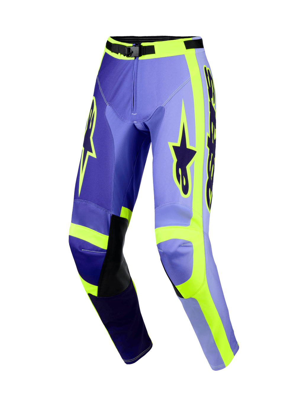 Alpinestars 2026 Racer Portl Pants, spodnie motocrossowe, fioletowe i fluorescencyjne żółte, wielotonowe fioletowe panele z neonowymi żółtymi akcentami, czarne skórzane wzmocnienia na wewnętrznej stronie kolan, wyraźne logo Alpinestars na udach, ergonomiczny wstępnie zakrzywiony krój do jazdy off-road.