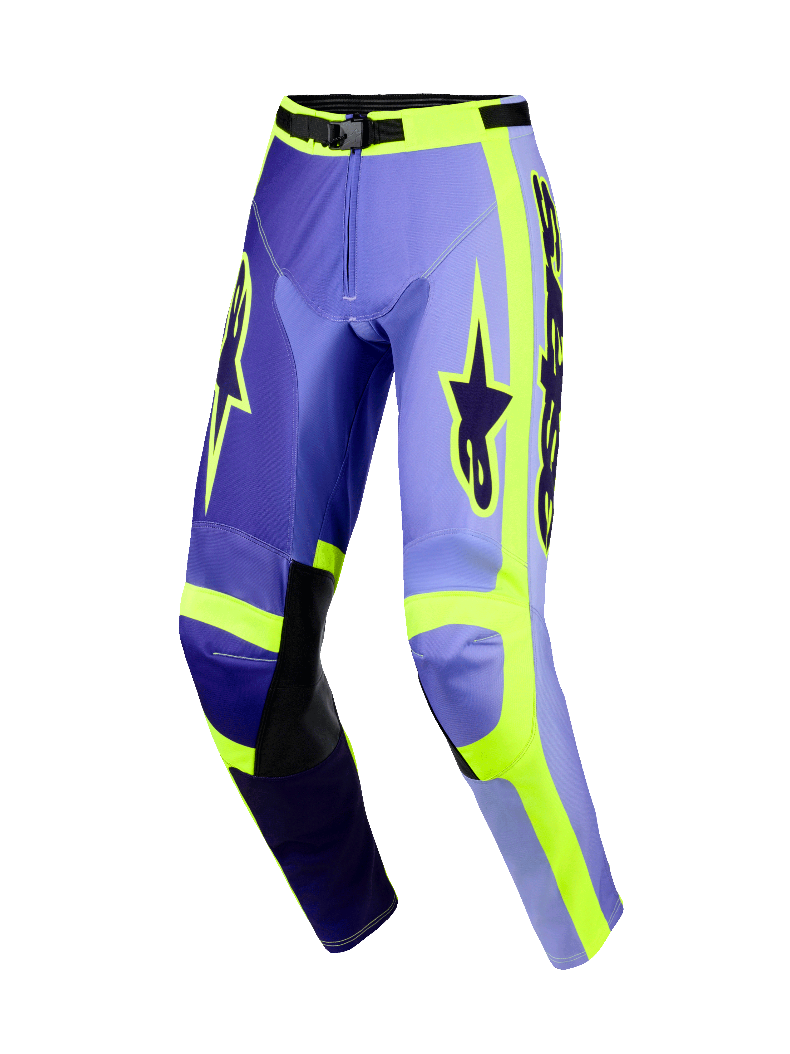 Alpinestars 2026 Racer Portl Pants, spodnie motocrossowe, fioletowe i fluorescencyjne żółte, wielotonowe fioletowe panele z neonowymi żółtymi akcentami, czarne skórzane wzmocnienia na wewnętrznej stronie kolan, wyraźne logo Alpinestars na udach, ergonomiczny wstępnie zakrzywiony krój do jazdy off-road.