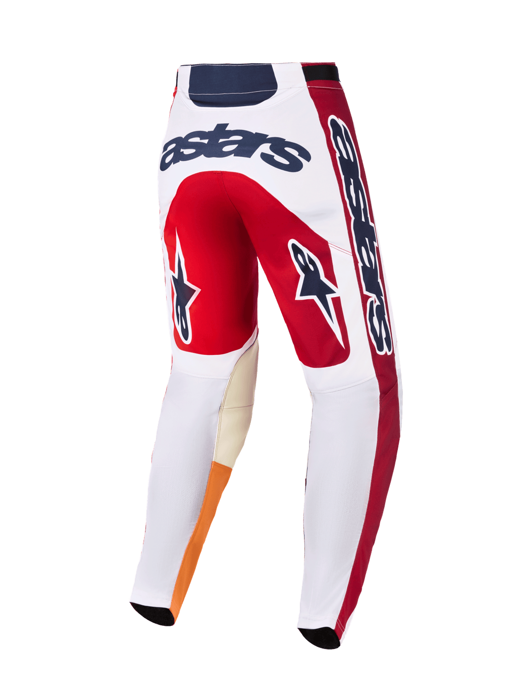 Alpinestars 2026 Racer Portl Pants, spodnie motocrossowe, czerwone, białe i ciemnoszare, widok z tyłu z wyraźnym logo „astars”, ikony gwiazd na nogawkach, wytrzymały materiał ze wzmocnionymi wewnętrznymi częściami kolan do wyścigów terenowych
