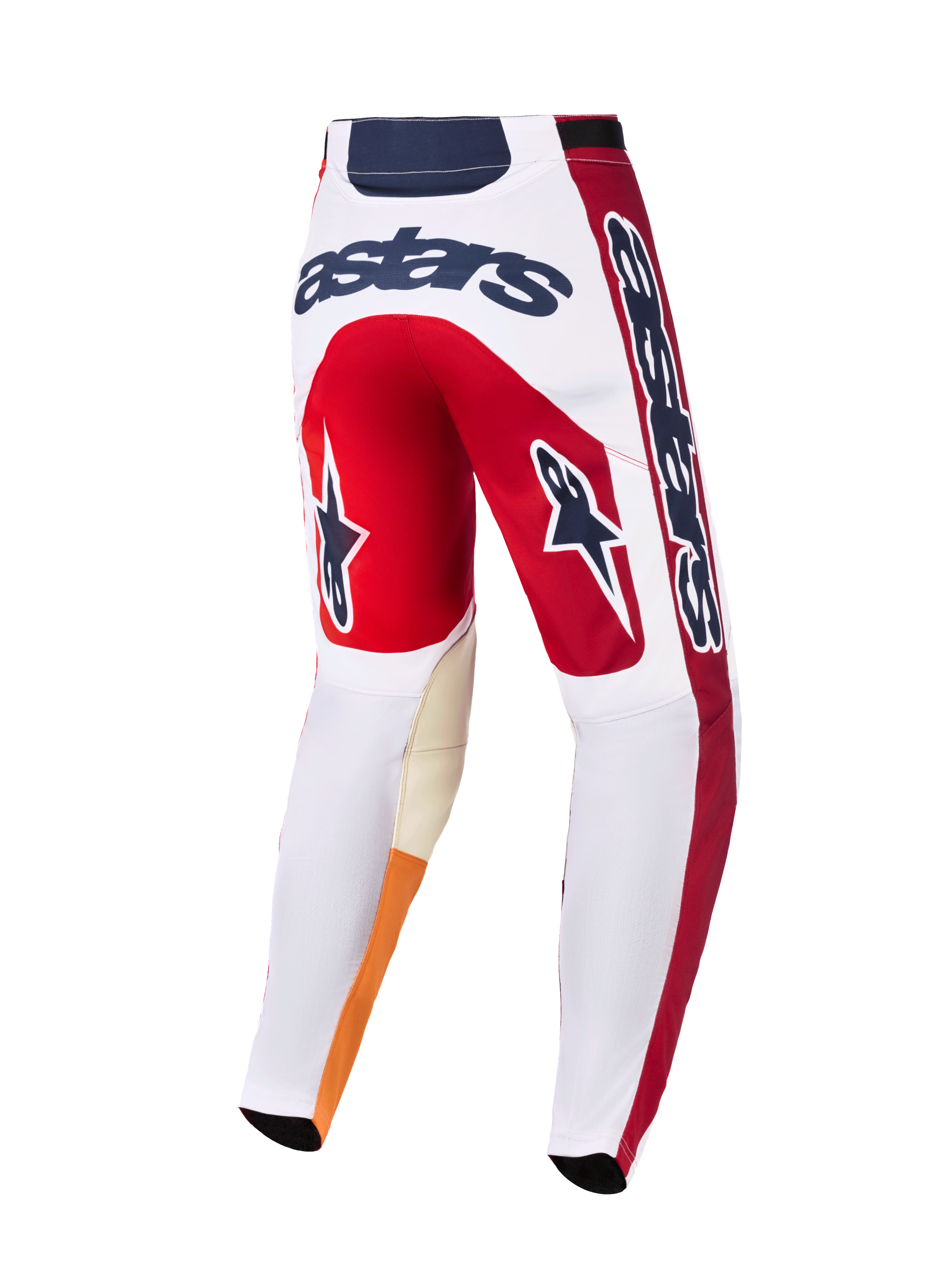 Alpinestars 2026 Racer Portl Pants, spodnie motocrossowe, czerwone, białe i ciemnoszare, widok z tyłu z wyraźnym logo „astars”, ikony gwiazd na nogawkach, wytrzymały materiał ze wzmocnionymi wewnętrznymi częściami kolan do wyścigów terenowych