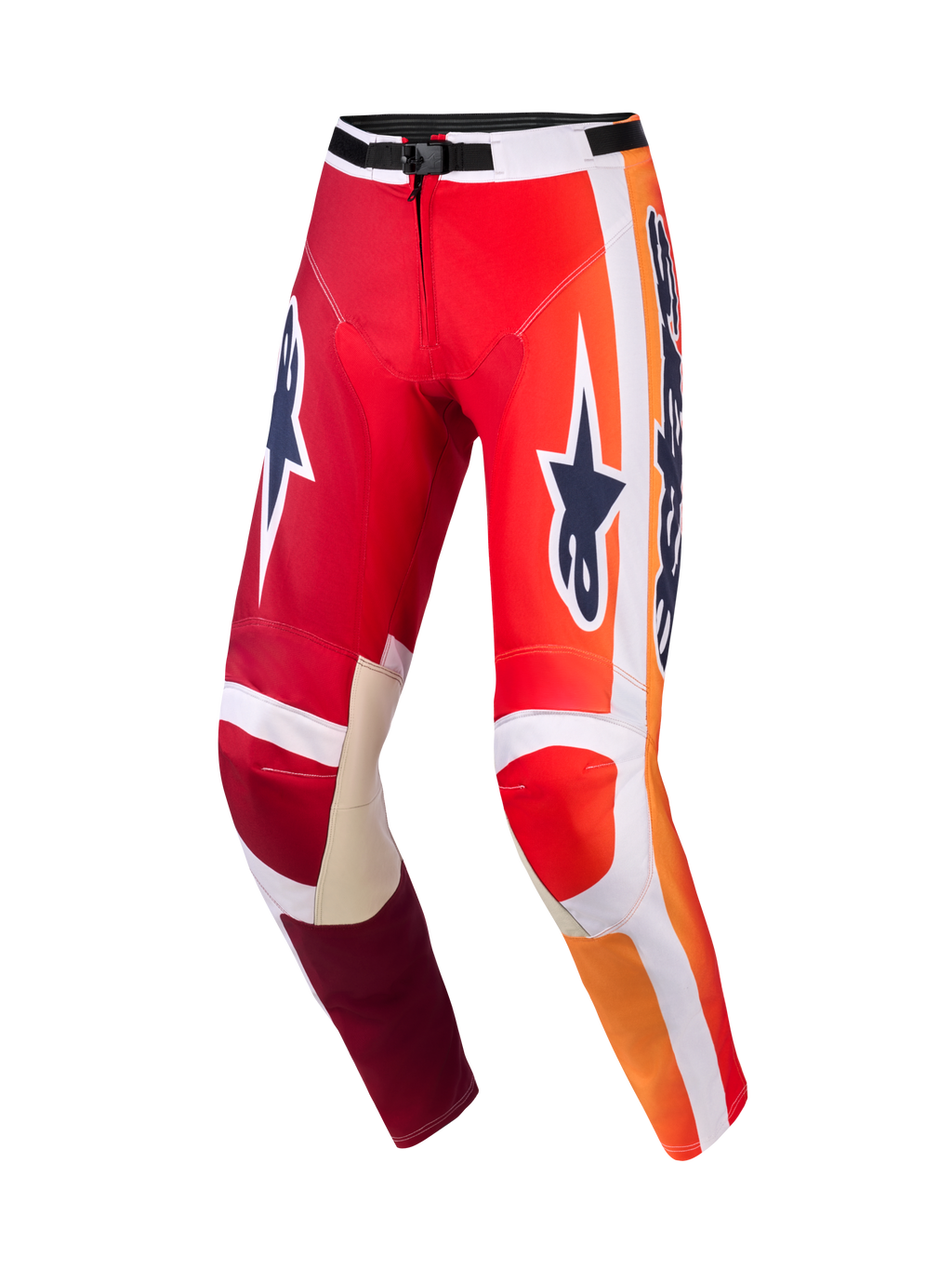 Alpinestars 2026 Racer Portl Pants, spodnie motocrossowe, czerwone i jasnoszare z ciemnoszarymi logo, jaskrawe pomarańczowe gradienty i białe paski, duże logo Astar na udach, jasnoszare skórzane wzmocnienia wewnętrznej części kolan, czarna klamra w pasie, wytrzymały sprzęt do jazdy off-road