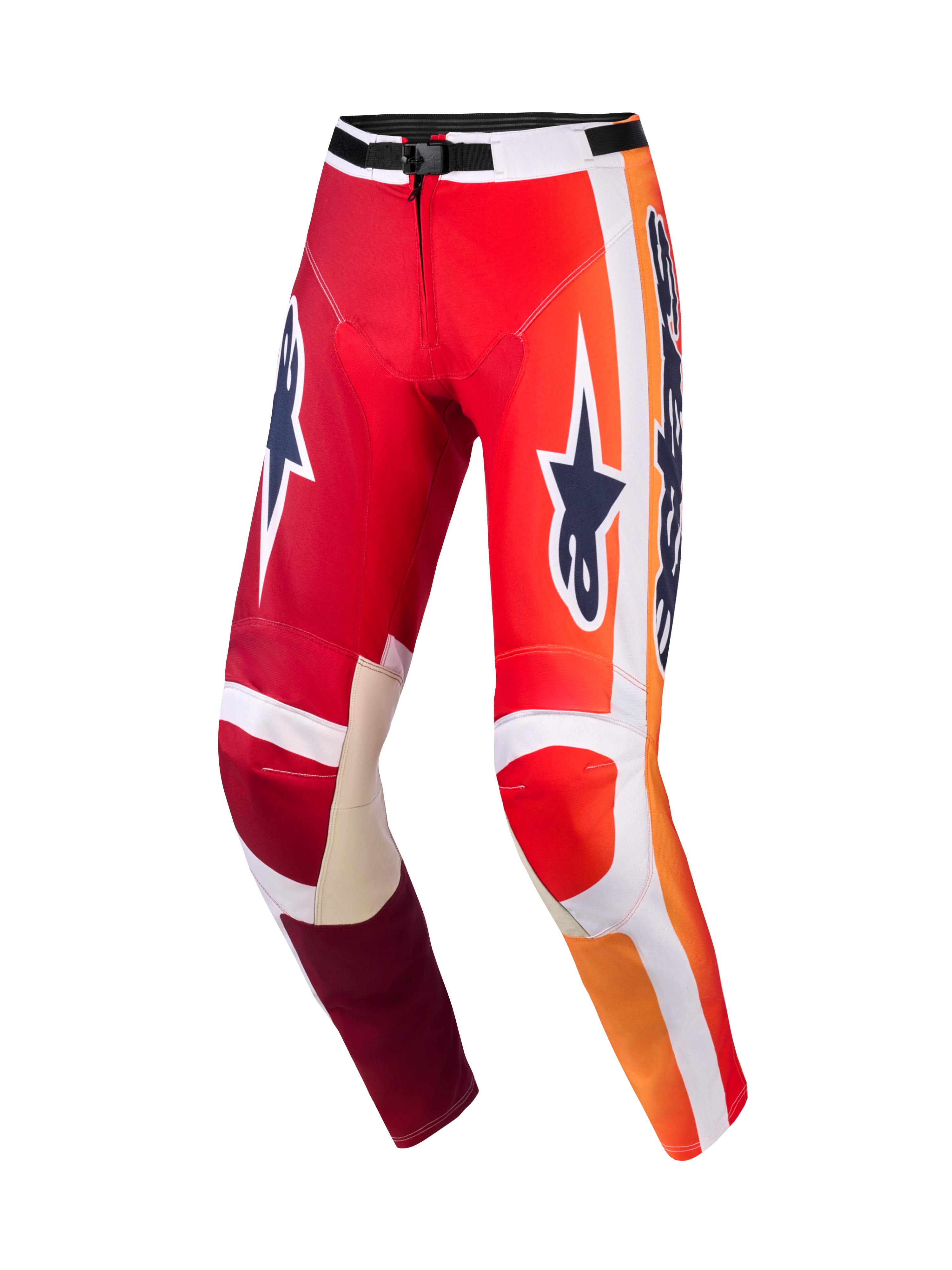 Alpinestars 2026 Racer Portl Pants, spodnie motocrossowe, czerwone i jasnoszare z ciemnoszarymi logo, jaskrawe pomarańczowe gradienty i białe paski, duże logo Astar na udach, jasnoszare skórzane wzmocnienia wewnętrznej części kolan, czarna klamra w pasie, wytrzymały sprzęt do jazdy off-road