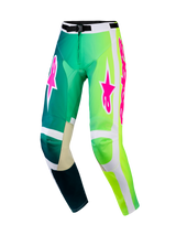 Alpinestars 2026 Racer Portl Pants, Motocross Pants, Green and White with vibrant pink logos, featuring a gradient design from teal to neon green, reinforced inner knees, and a secure waist buckle for off-road racing.