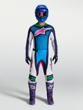 Alpinestars Techstar Maven Gear Set i Spodnie Techstar Maven, męski strój motocrossowy, niebieski i biały z różowymi akcentami, profesjonalna odzież off-road.