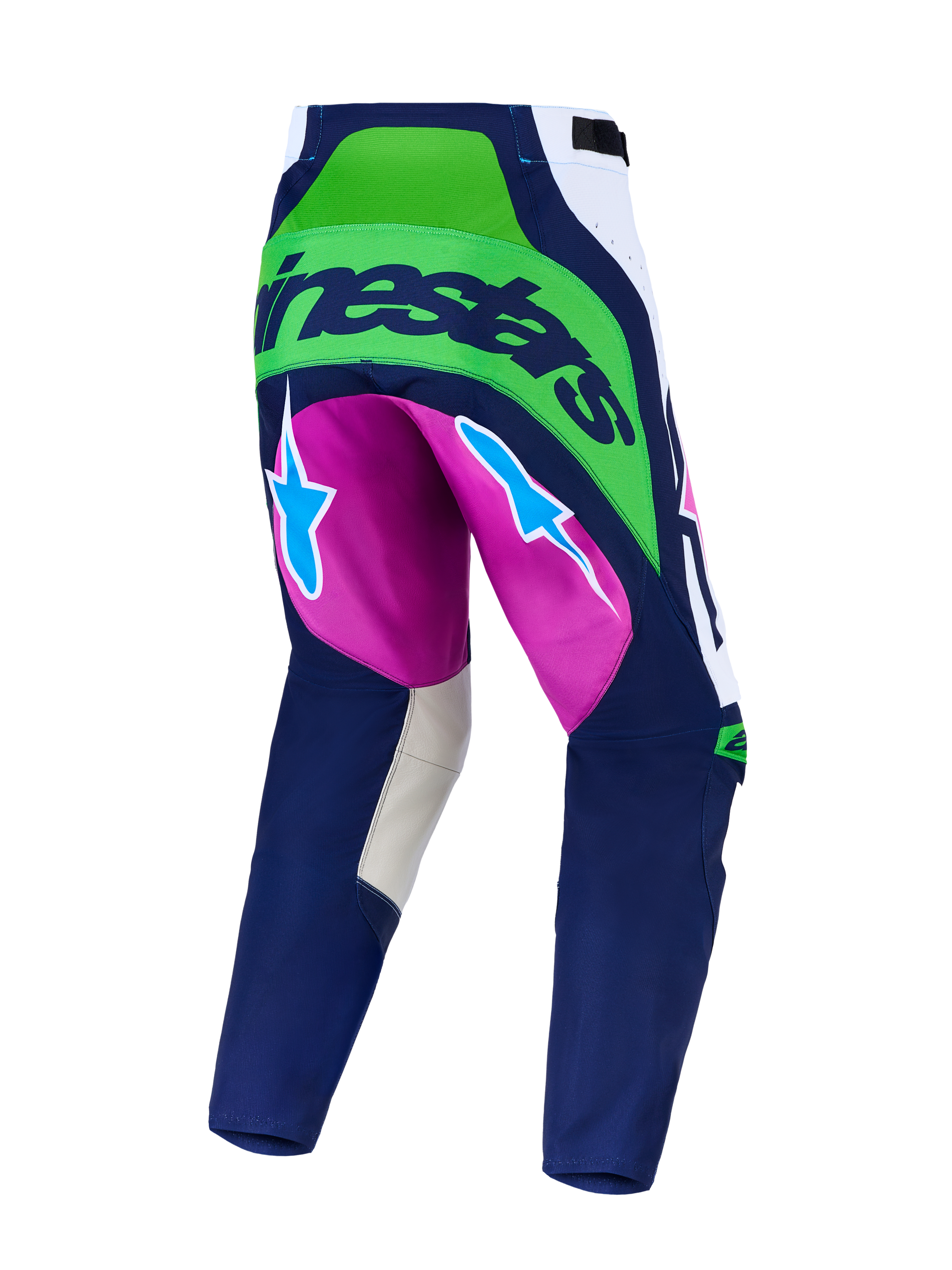 Alpinestars Techstar Maven Pants, blue and green fluo motocross pants with purple accents and back stretch zones.