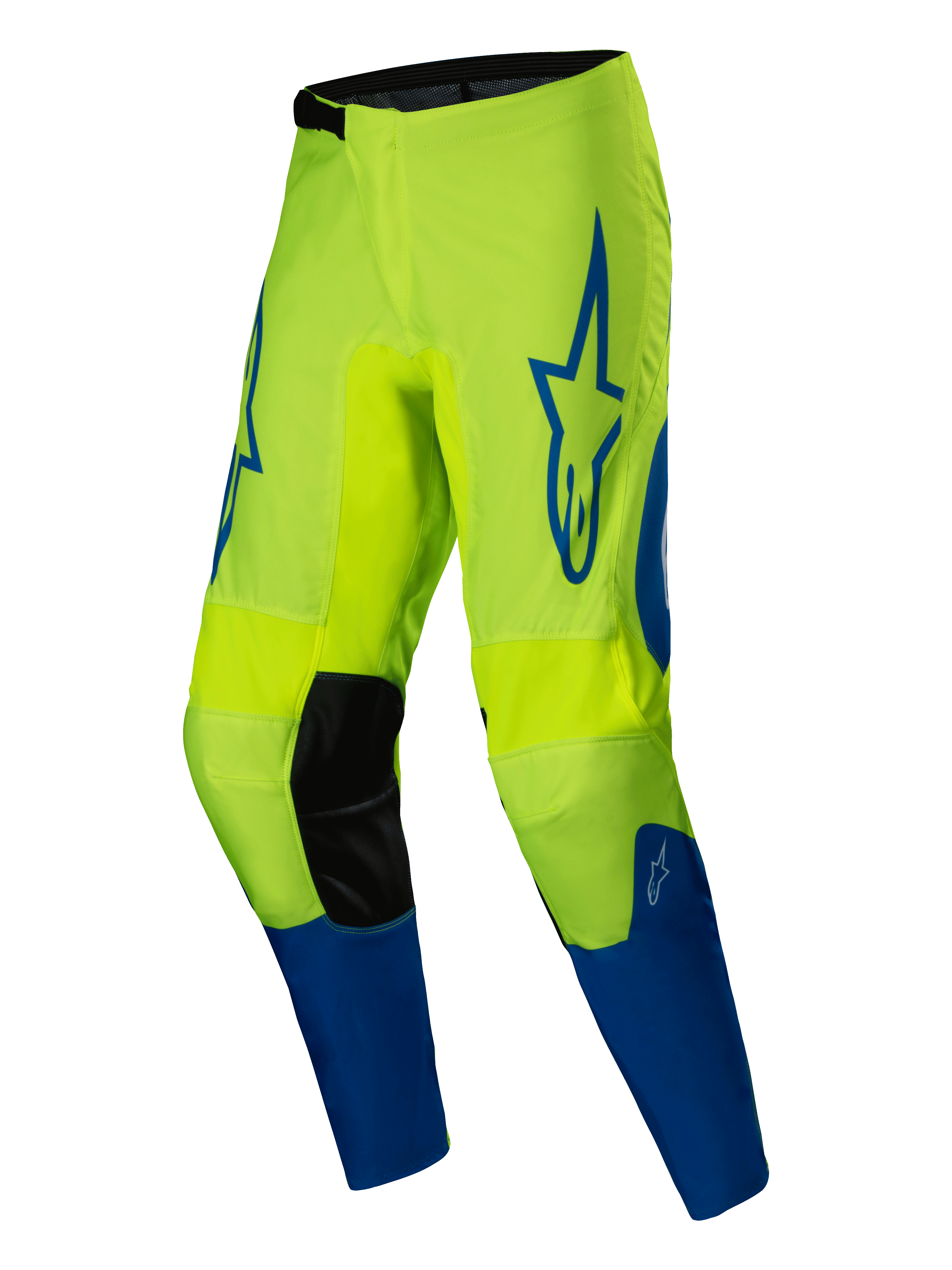 Alpinestars Spodnie Fluid Haul 2025, męskie spodnie motocrossowe, żółte fluorescencyjne i niebieskie, konstrukcja z poliestru 600D ze wstępnie wyprofilowanymi nogawkami i panelami kolanowymi ze skóry syntetycznej