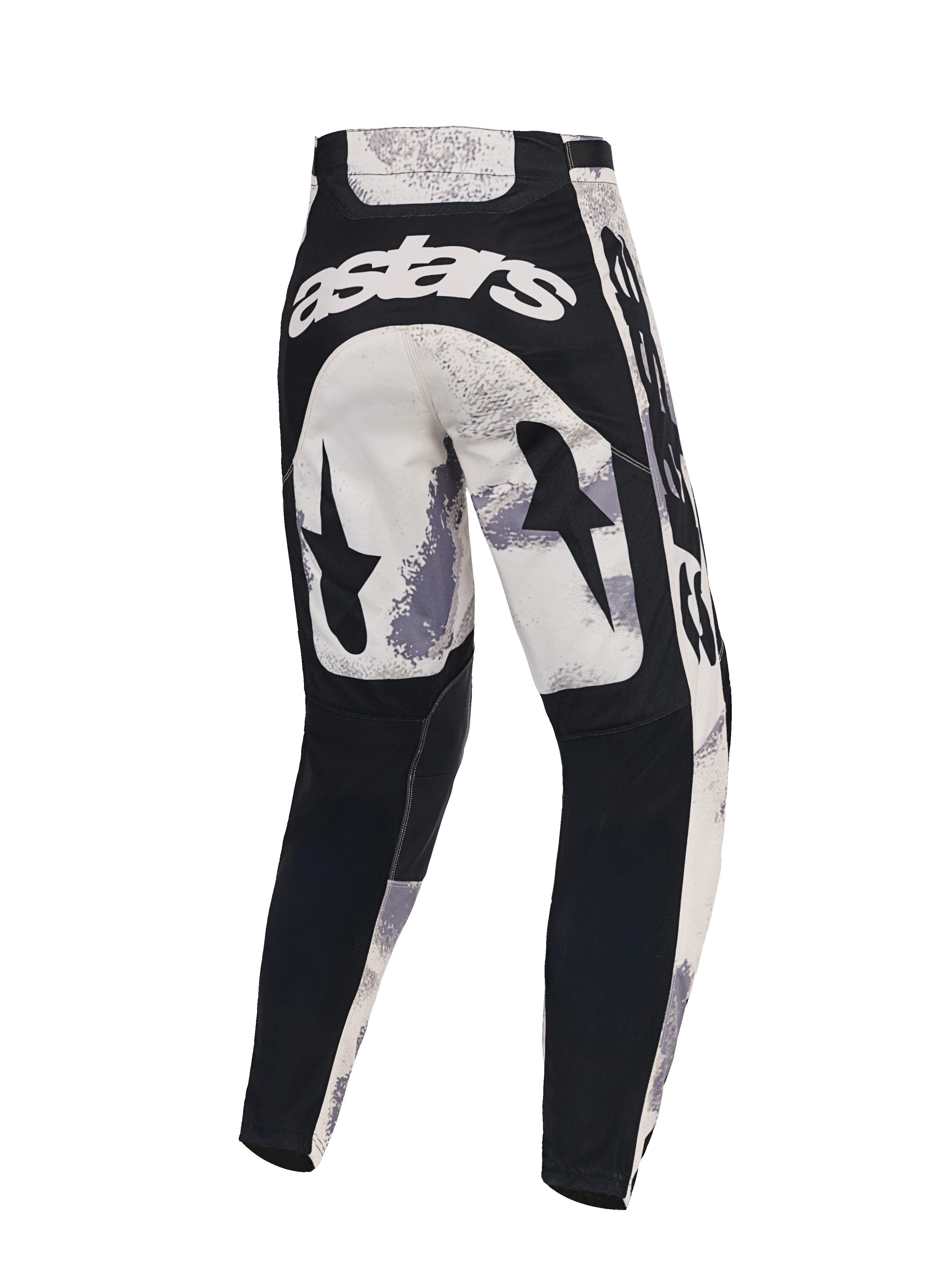 Alpinestars 2026 Racer Lahnd Pants, spodnie motocrossowe, piaskowy kamuflaż i szary, widok z tyłu z białym brandingiem astars, czarne grafiki gwiazd na udach i czarne panele na dolnych częściach nogawek, ergonomiczna konstrukcja do wyścigów off-road