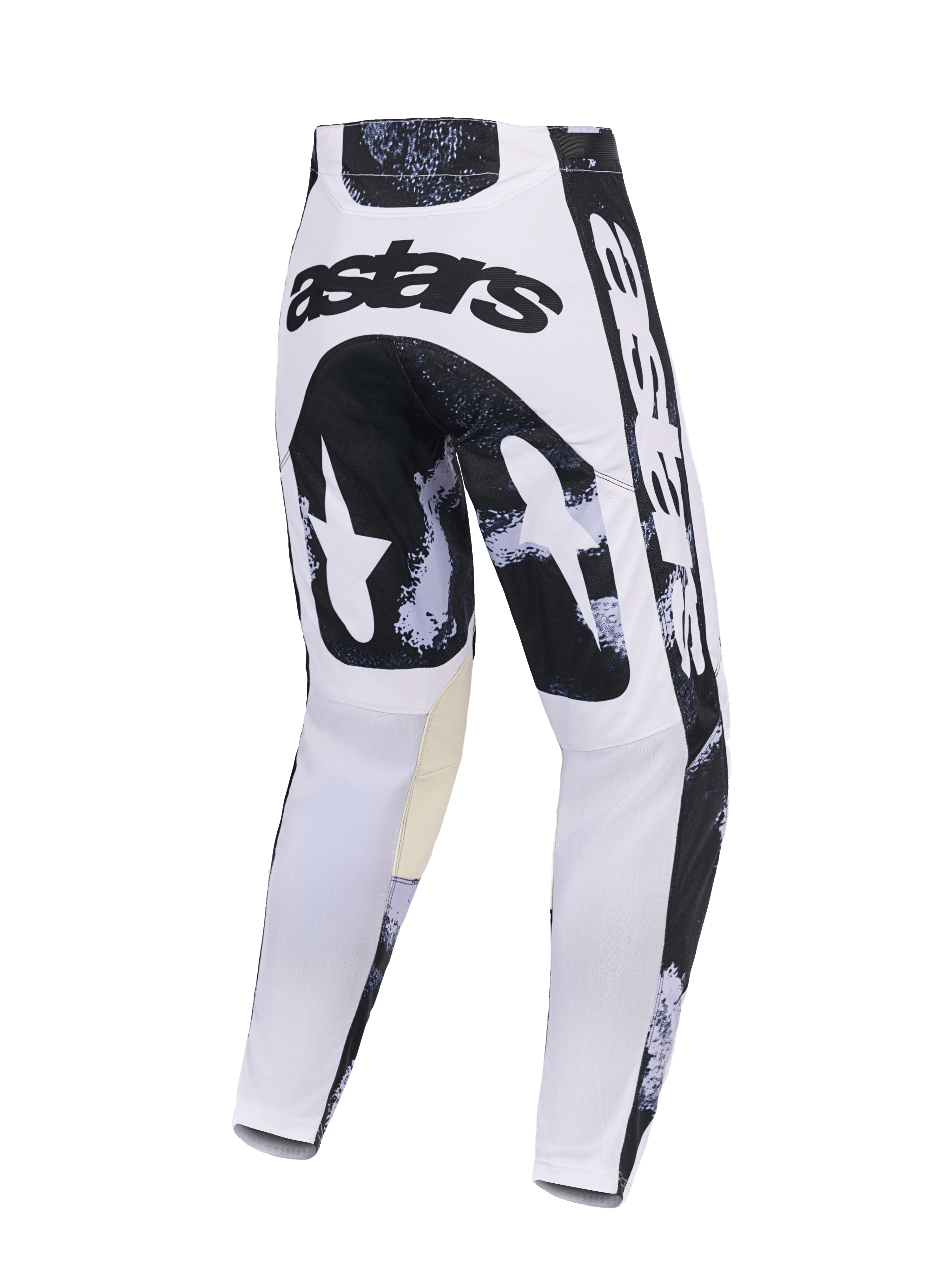 Alpinestars 2026 Racer Lahnd Pants, spodnie motocrossowe, Iron Camo, widok z tyłu z biało-czarnym wzorem moro, logo „astars” na siedzisku, beżowe panele wewnętrzne na kolanach, wytrzymała konstrukcja z polimateriału do jazdy off-road