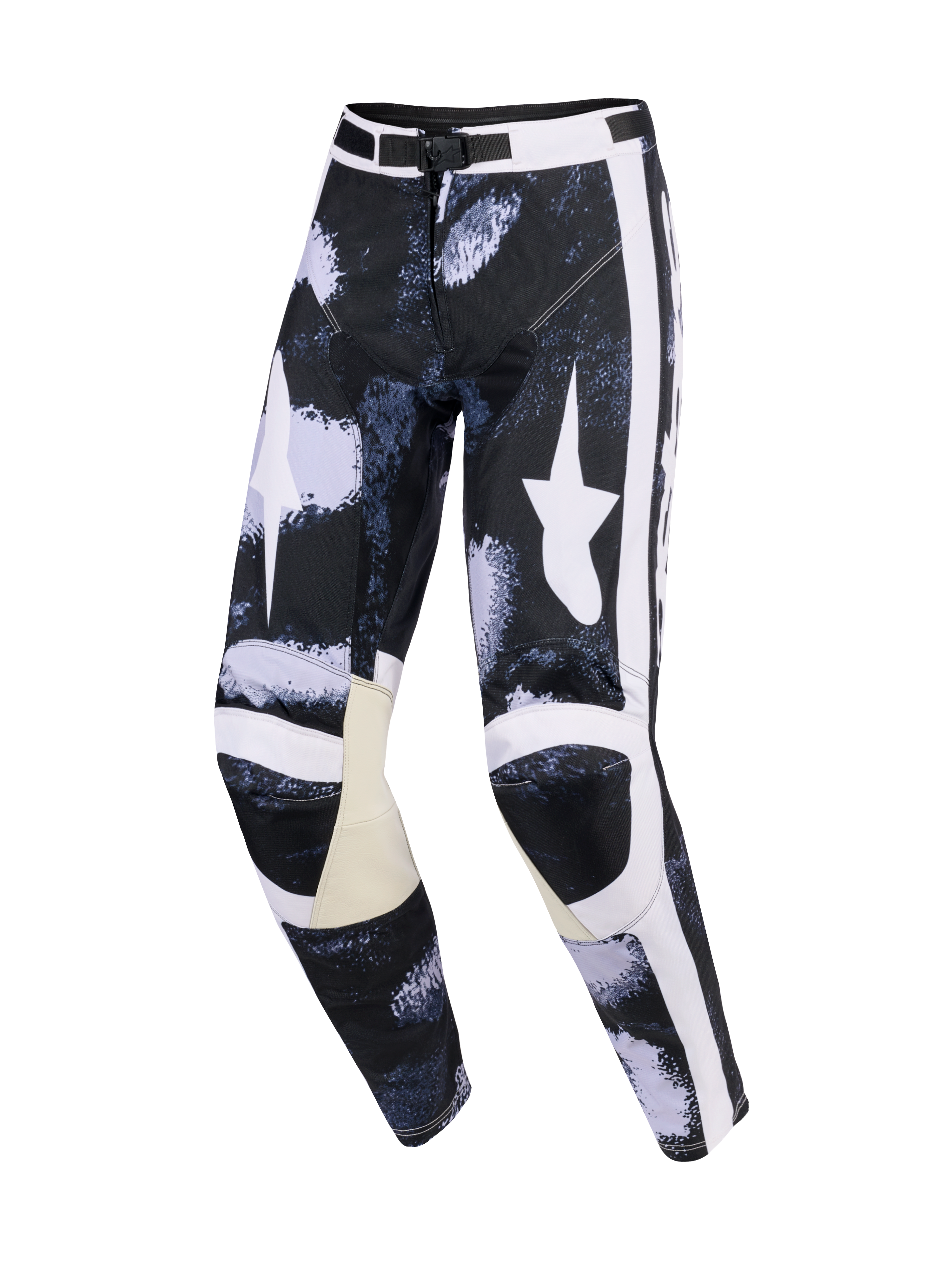 Alpinestars 2026 Racer Lahnd Pants, spodnie motocrossowe, szaro-czarny kamuflaż Iron, duże białe logo gwiazdy na udach, białe boczne paski, beżowe skórzane panele wewnętrzne na kolanach, wstępnie zakrzywiony sportowy krój