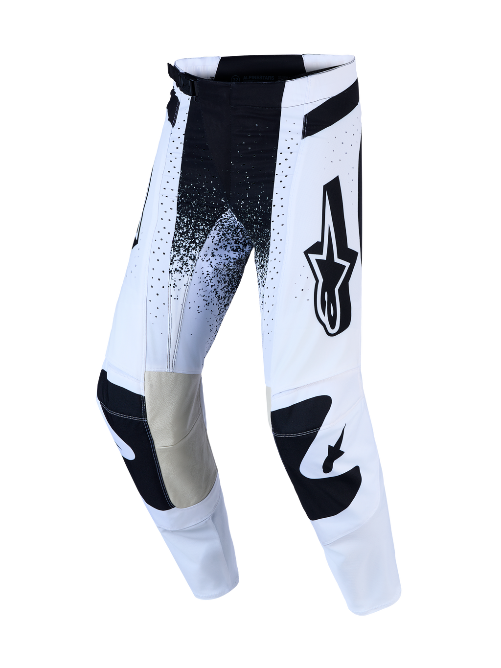 Alpinestars Spodnie Techstar Swan AND Techstar Swan Gear Set, biało-czarne spodnie MX ze skórzanymi panelami na kolanach