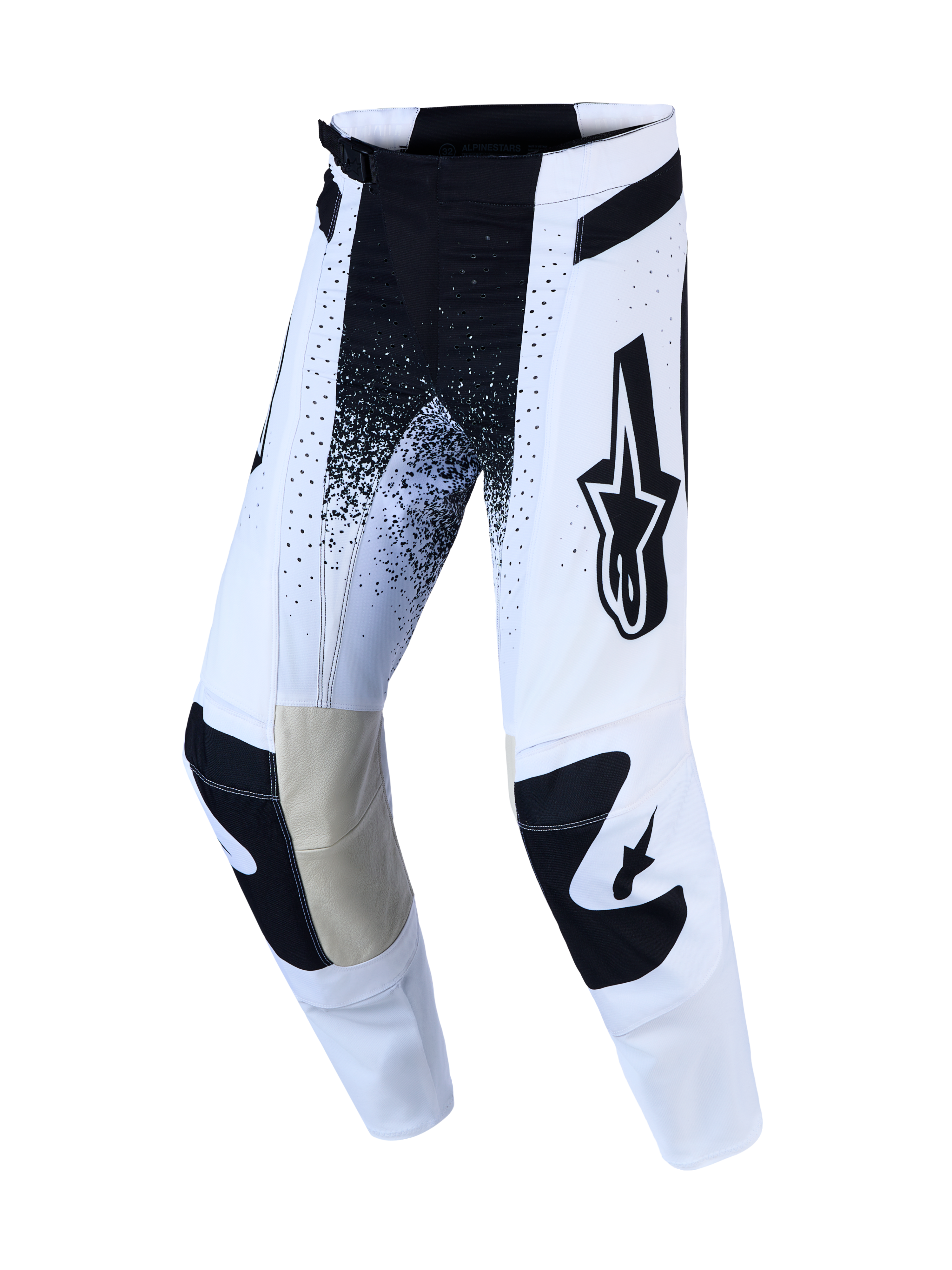 Alpinestars Spodnie Techstar Swan AND Techstar Swan Gear Set, biało-czarne spodnie MX ze skórzanymi panelami na kolanach