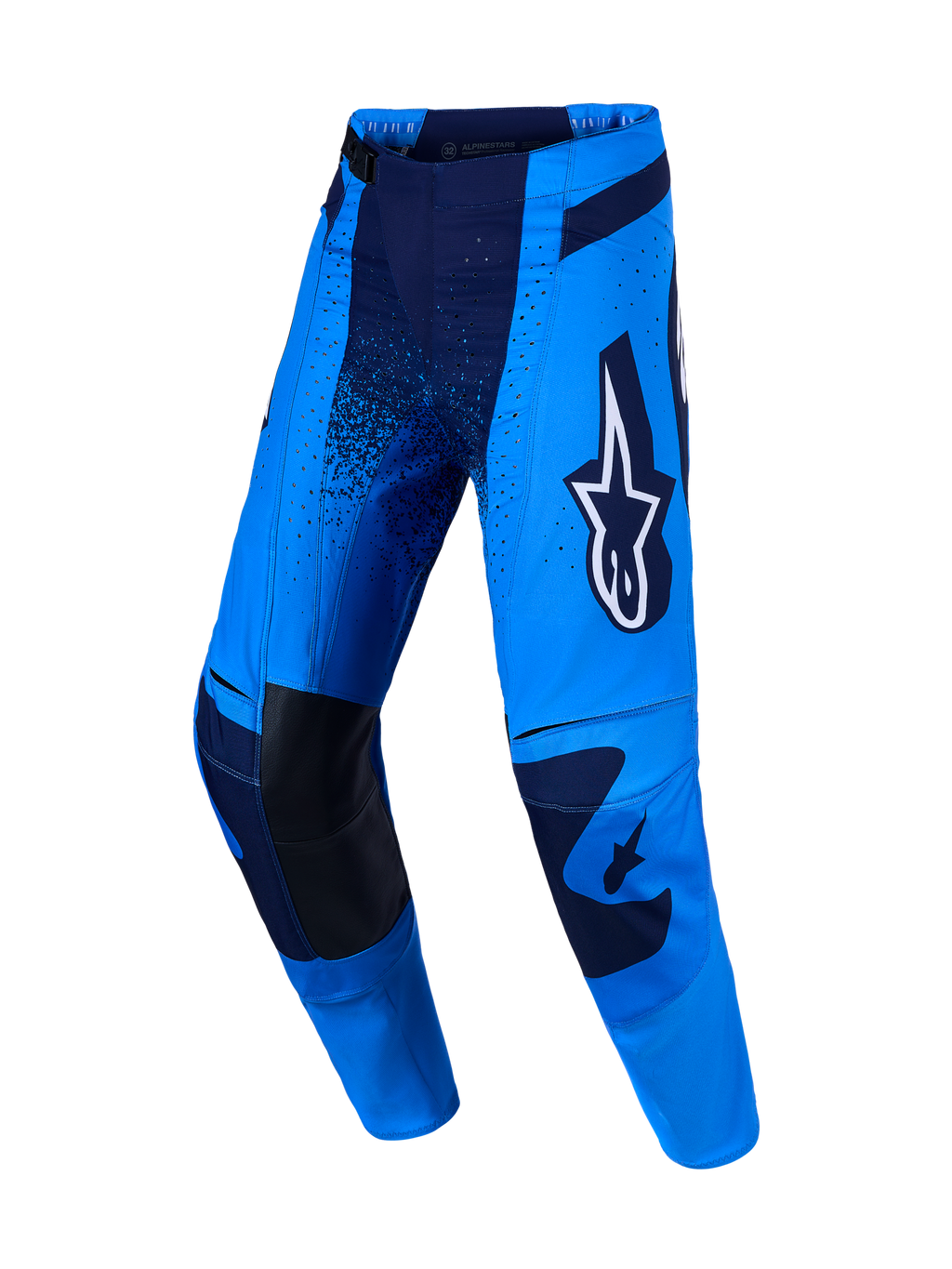 Alpinestars Techstar Swan, niebieskie i ciemnoniebieskie spodnie motocrossowe ze skórzanymi wzmocnieniami na kolanach.