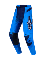 Alpinestars Techstar Swan, niebieskie i ciemnoniebieskie spodnie motocrossowe ze skórzanymi wzmocnieniami na kolanach.