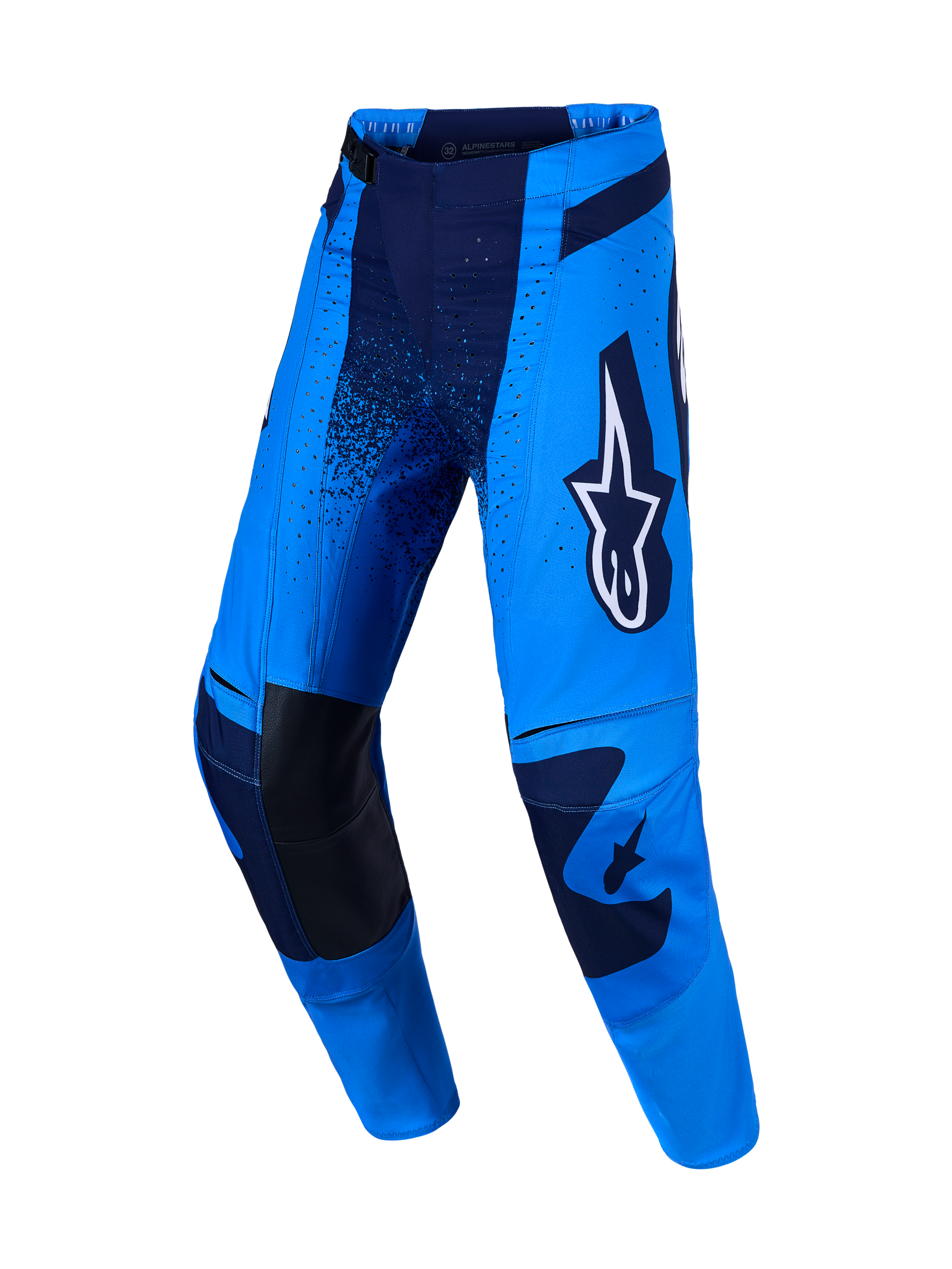 Alpinestars Techstar Swan, niebieskie i ciemnoniebieskie spodnie motocrossowe ze skórzanymi wzmocnieniami na kolanach.