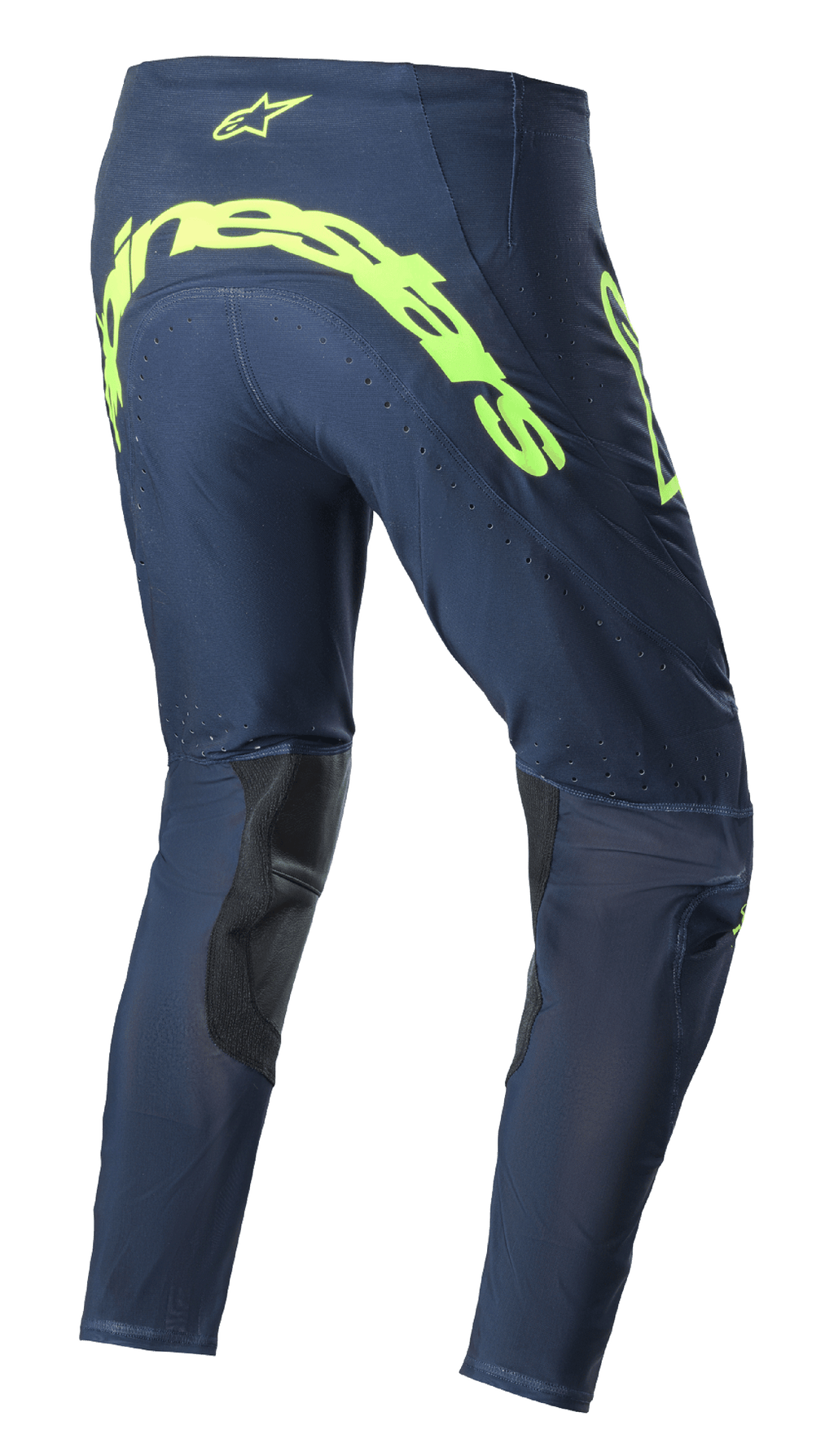 Alpinestars 2023 Supertech Bruin Pants, spodnie motocrossowe, granatowe i żółte neonowe, widok z tyłu z dużym neonowym żółtym logo Alpinestars na siedzeniu, perforowane strefy wentylacyjne oraz czarne wzmocnienia po wewnętrznej stronie nogawek